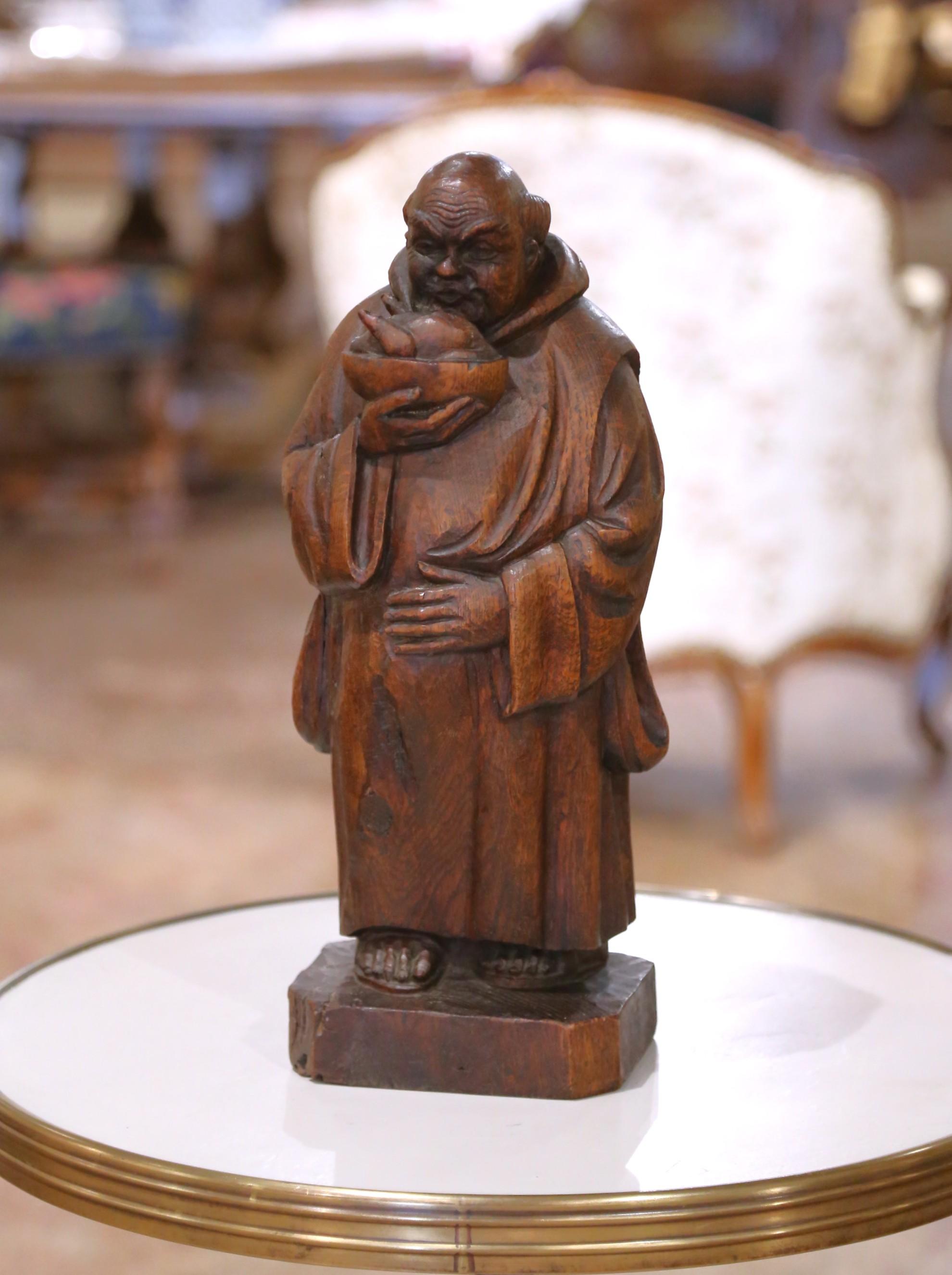 19th Century 19th C. French Hand Carved Oak Monk Figure in Gothic Style Robe Holding Bowl For Sale