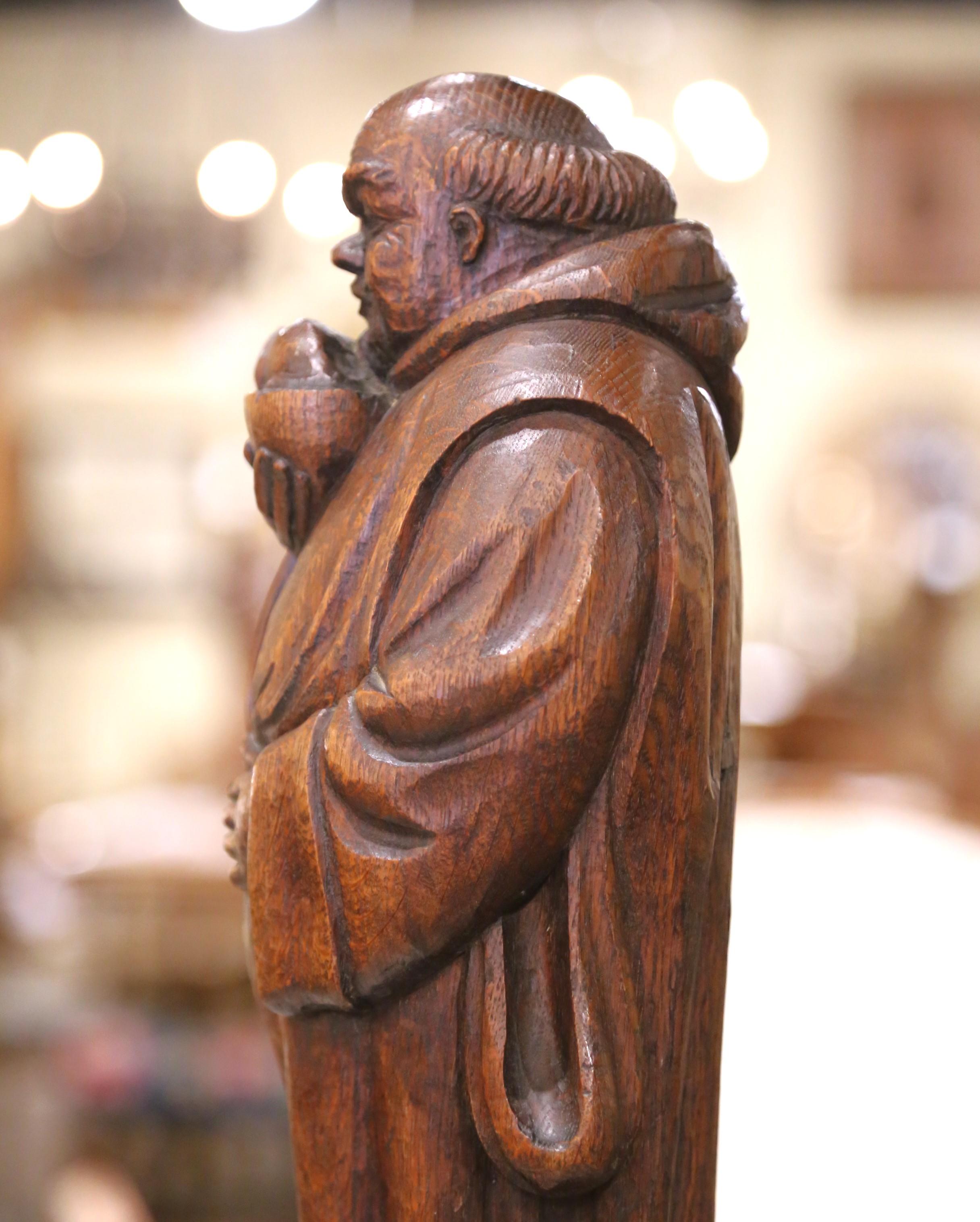 19th C. French Hand Carved Oak Monk Figure in Gothic Style Robe Holding Bowl For Sale 1