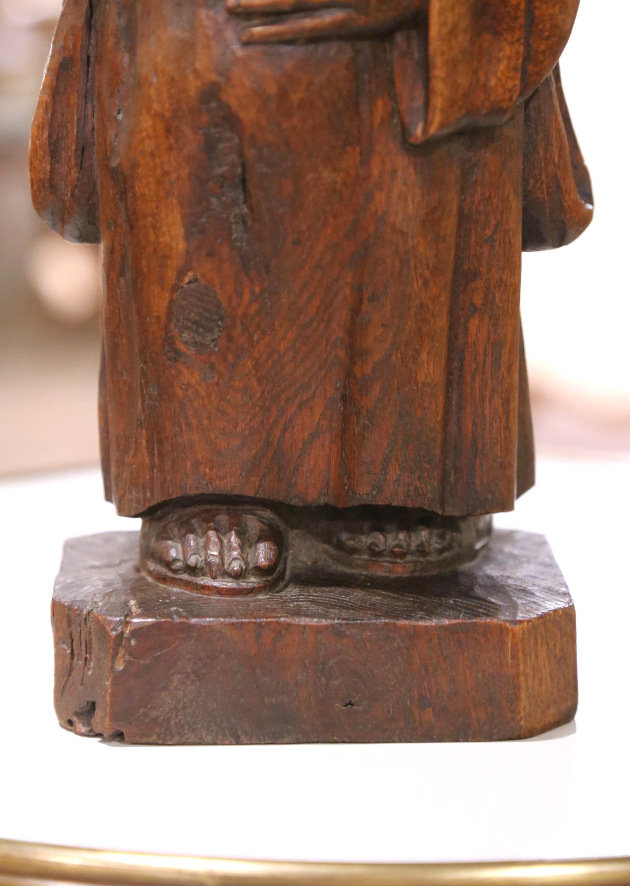 19th C. French Hand Carved Oak Monk Figure in Gothic Style Robe Holding Bowl For Sale 2