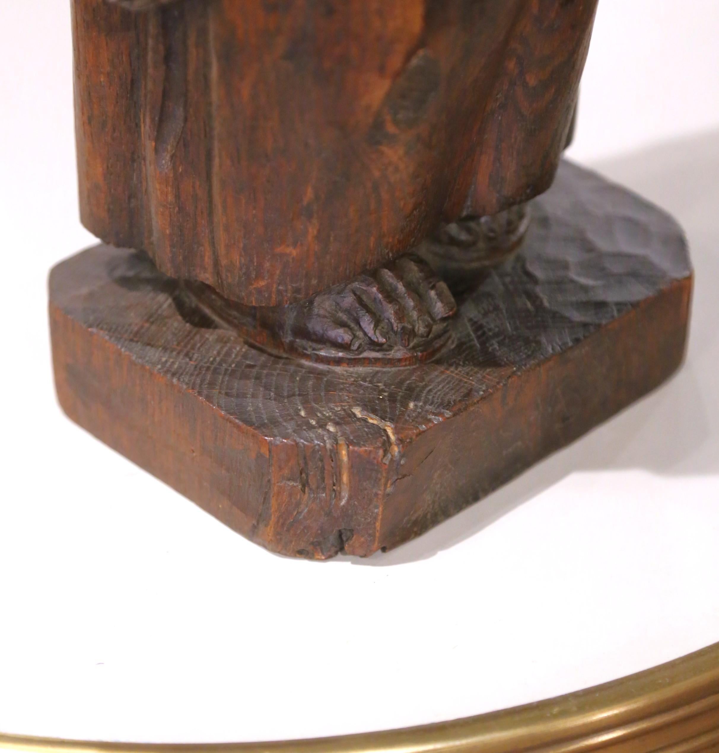 19th C. French Hand Carved Oak Monk Figure in Gothic Style Robe Holding Bowl For Sale 3