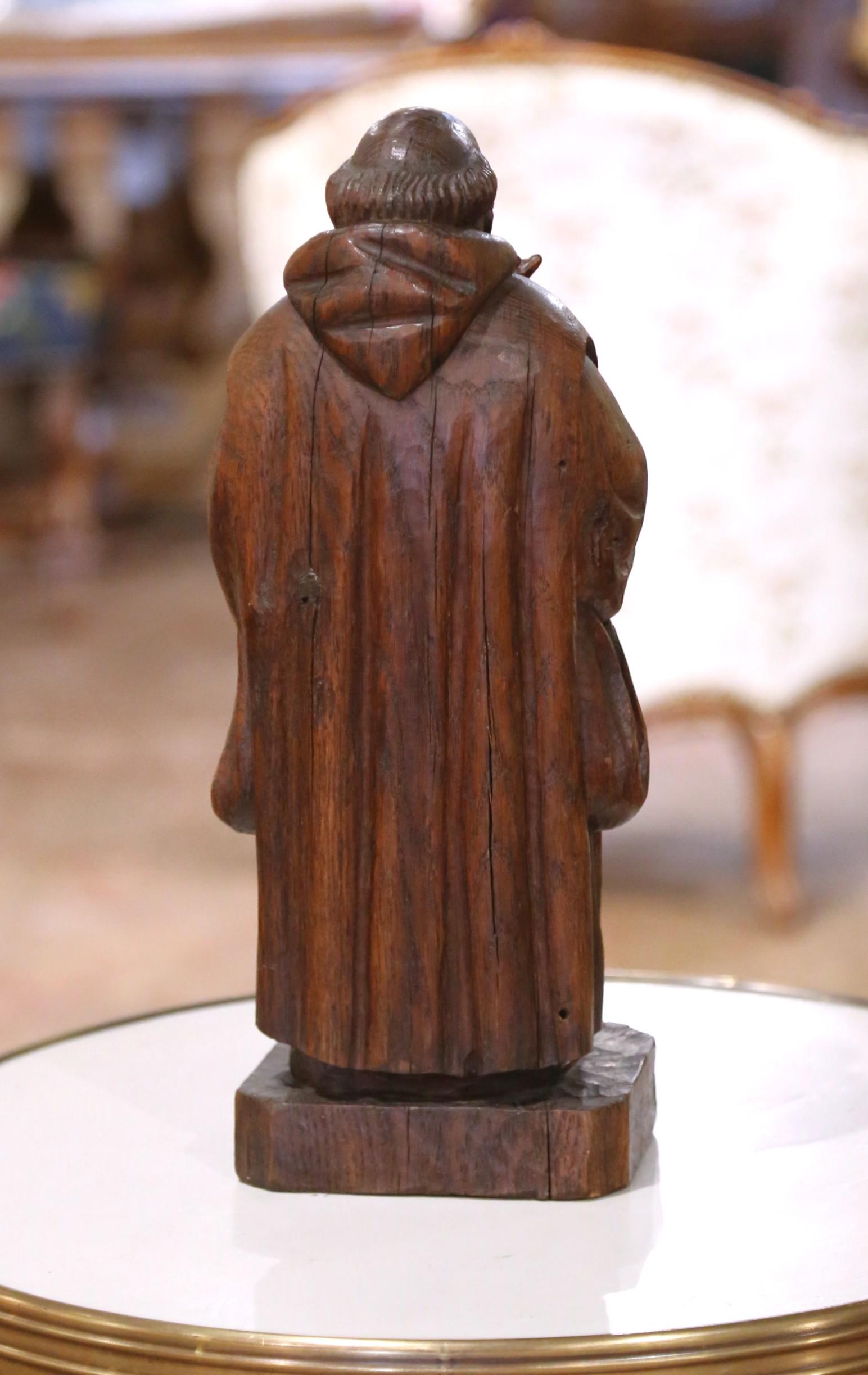 19th C. French Hand Carved Oak Monk Figure in Gothic Style Robe Holding Bowl For Sale 4