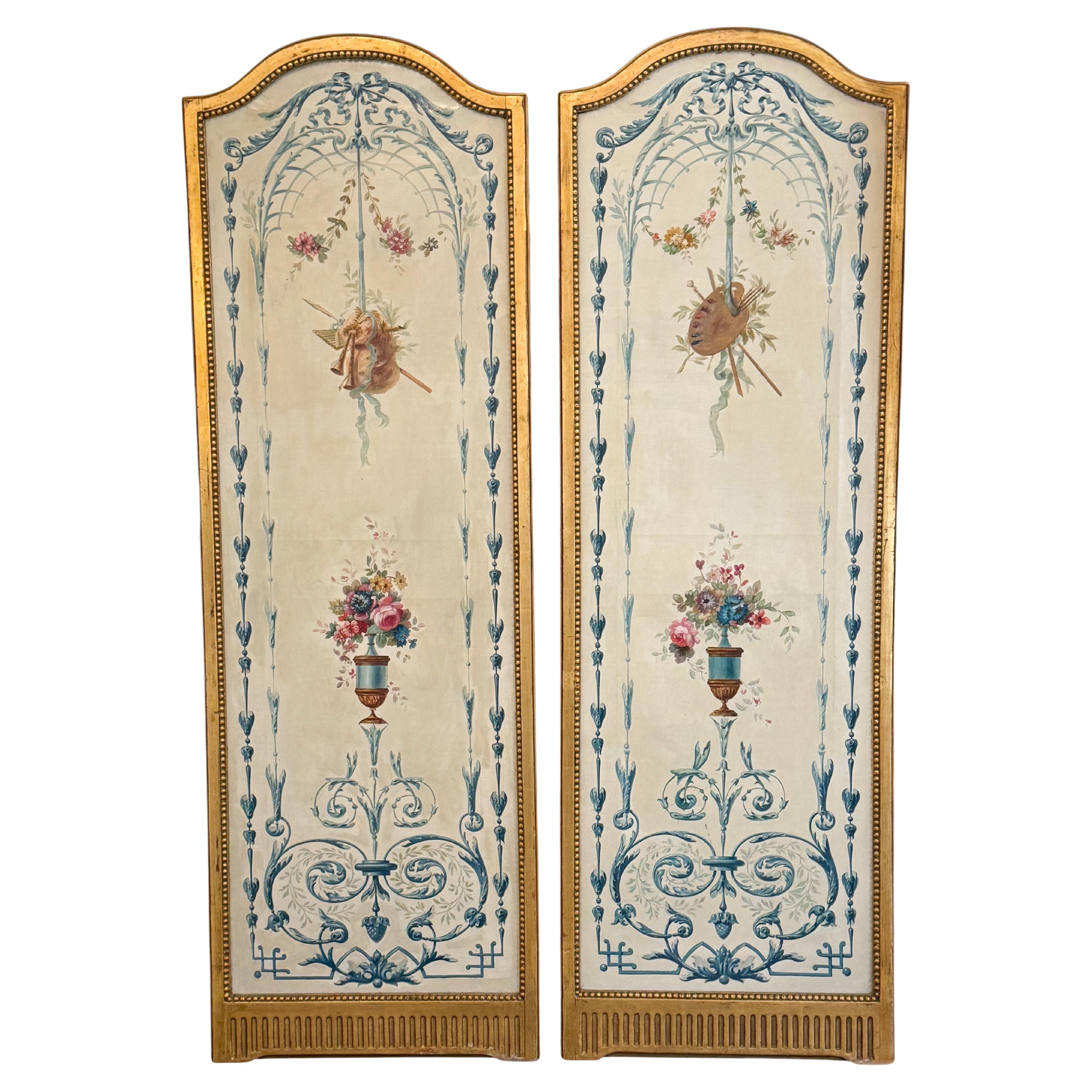 19th-C. French Hand Painted Oil on Canvas Floral / Urns Panels in Giltwood Frame