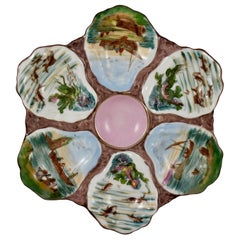 six well plates 19th Century French Hand Painted Porcelain Fishing Scenes Six-Well Oyster Plate