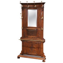 19th C. French Henri II Carved Walnut Hall Tree with Beveled Mirror and 8 Hooks