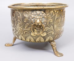 19th C, French, Heraldic Brass Repoussé Footed Jardiniere Planter Lion Handles