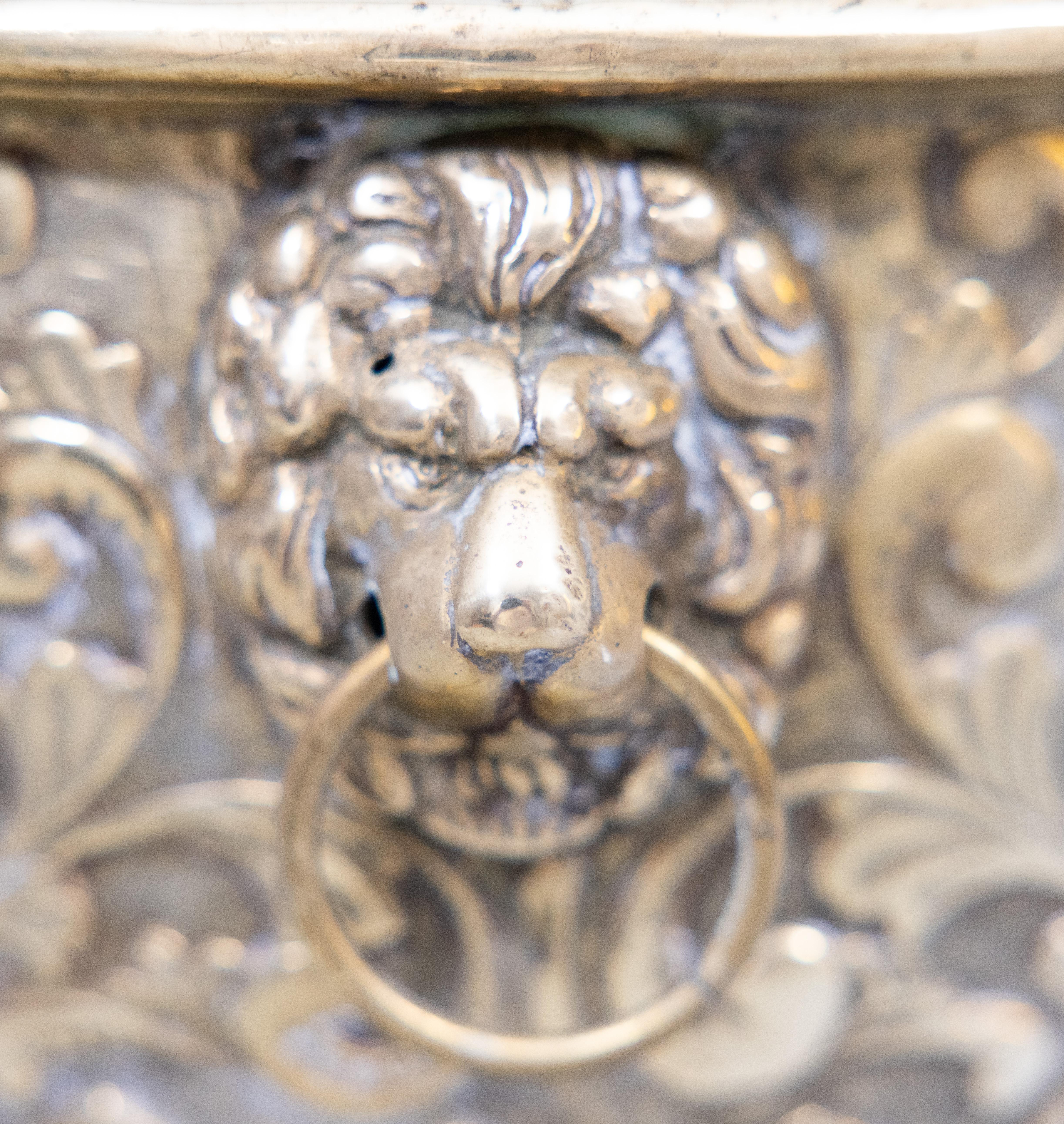 19th Century 19th C, French, Heraldic Brass Repoussé Footed Jardiniere Planter Lion Handles 
