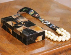 19th C. French Horn Mosaic Decorative Box with Embroidered Ribbon Pearl Necklace