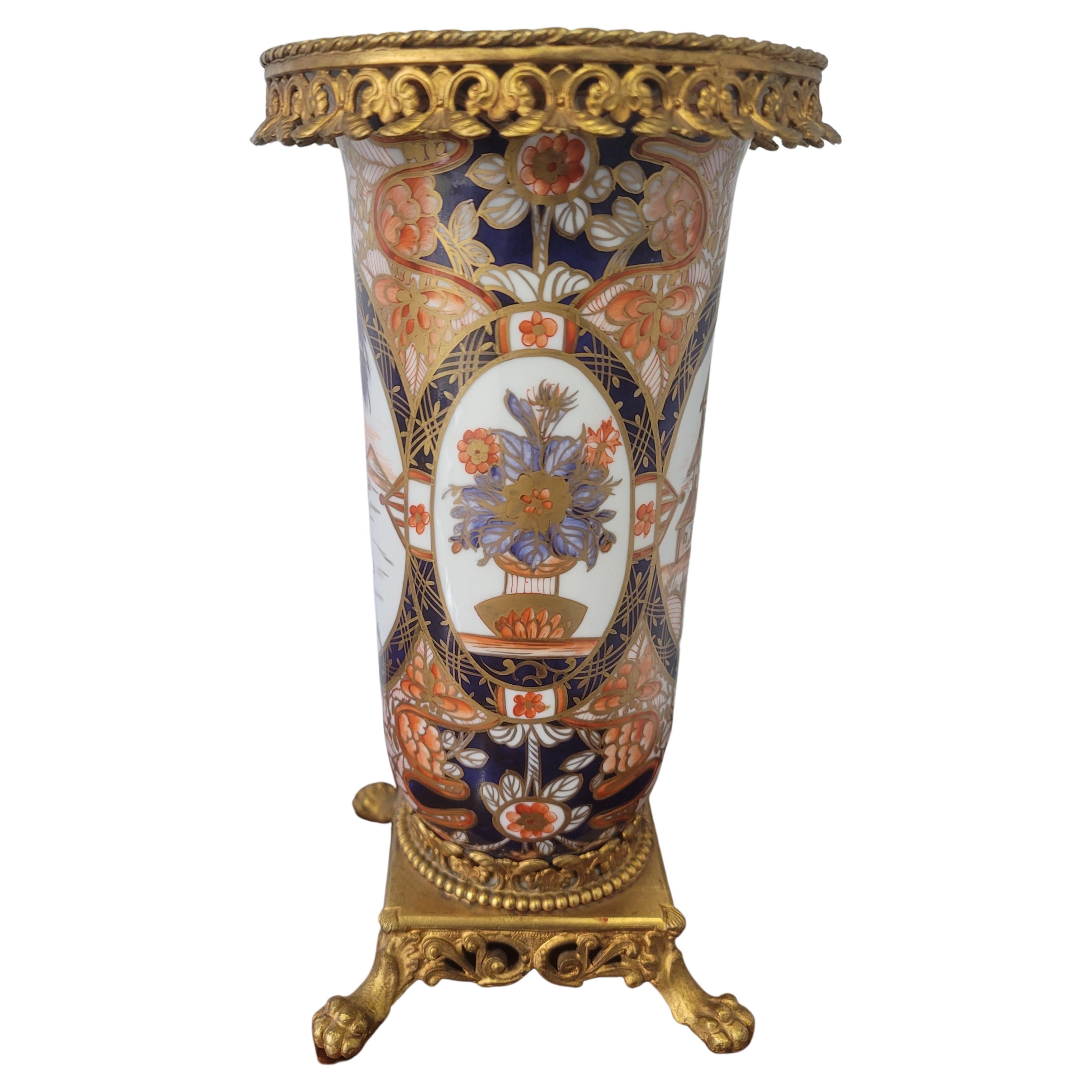 Hand-Painted 19th C. French Imari Porcelain Vase w/ Cast Brass Gallery and Base on Pawfeet For Sale