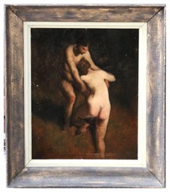 19th c. French Impressionist Barbizon School Oil Painting of Nude Women Bathers