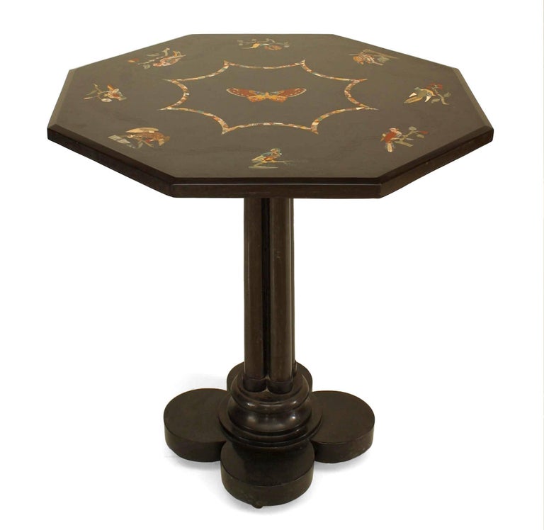 French Victorian black marble pedestal base end table with floral and bird inlaid octagonal top.
