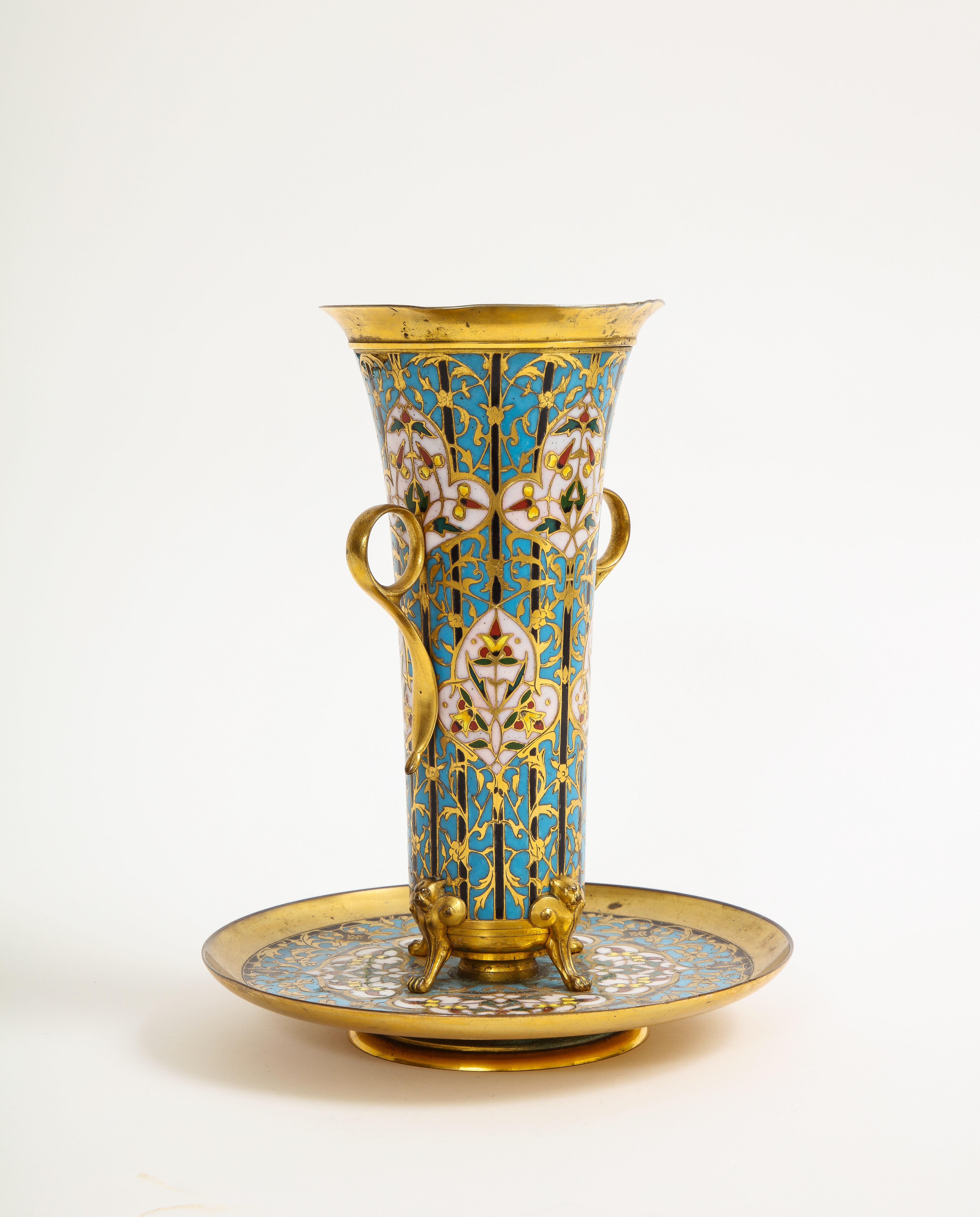 19th C. French Islamic Champleve Enamel Vase and Underplate, Signed Barbedienne For Sale 2