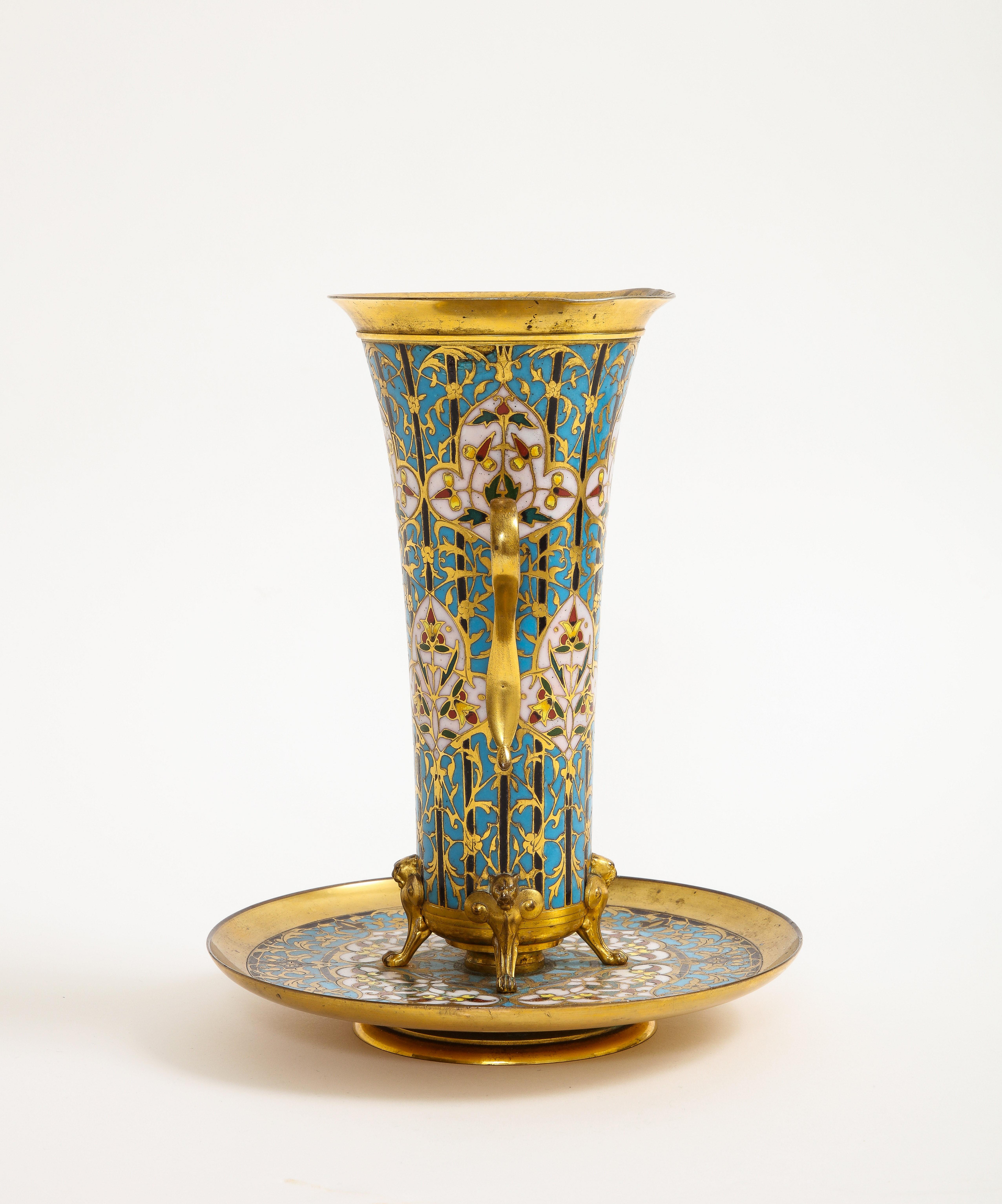 19th C. French Islamic Champleve Enamel Vase and Underplate, Signed Barbedienne For Sale 3