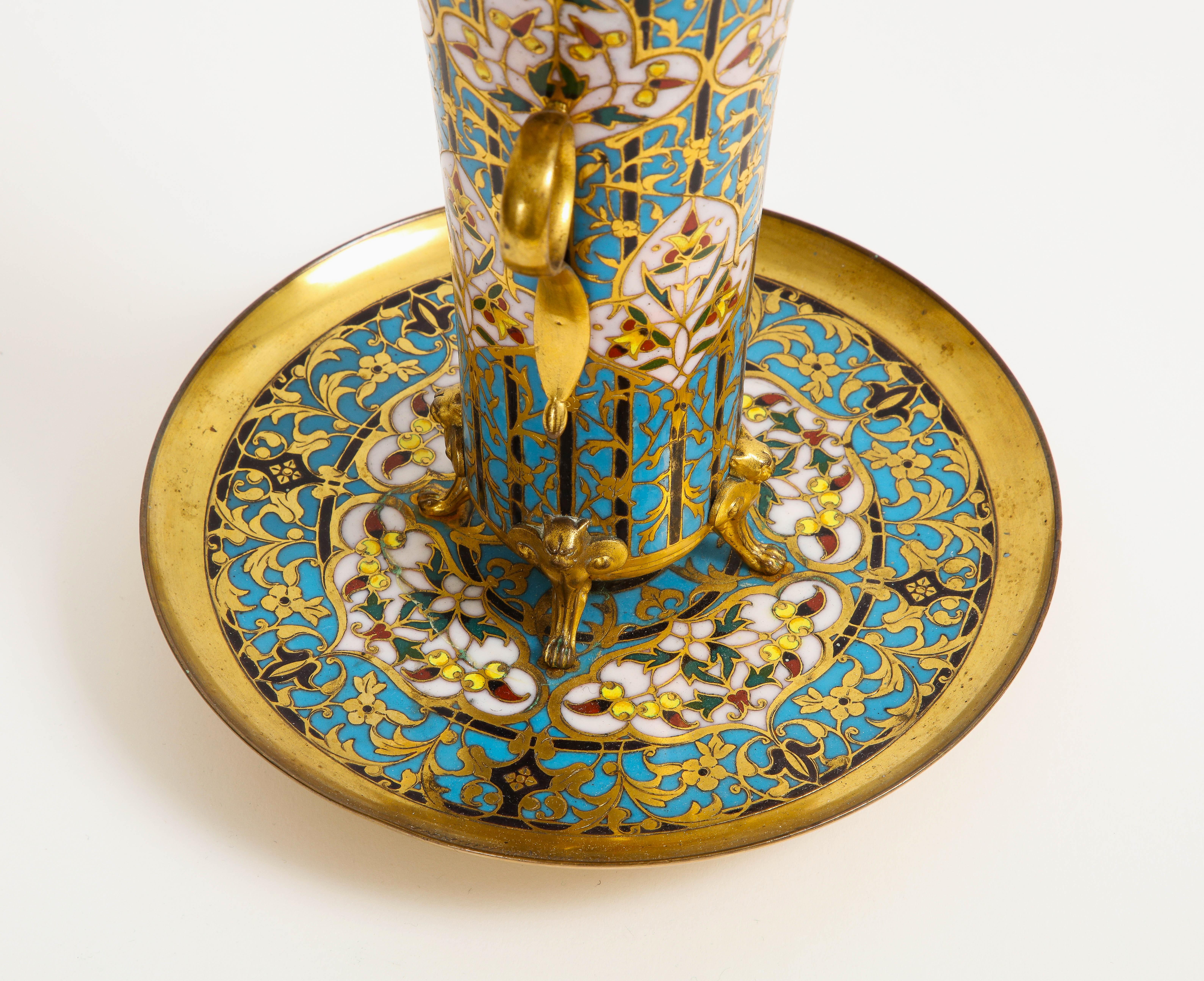 19th C. French Islamic Champleve Enamel Vase and Underplate, Signed Barbedienne For Sale 4