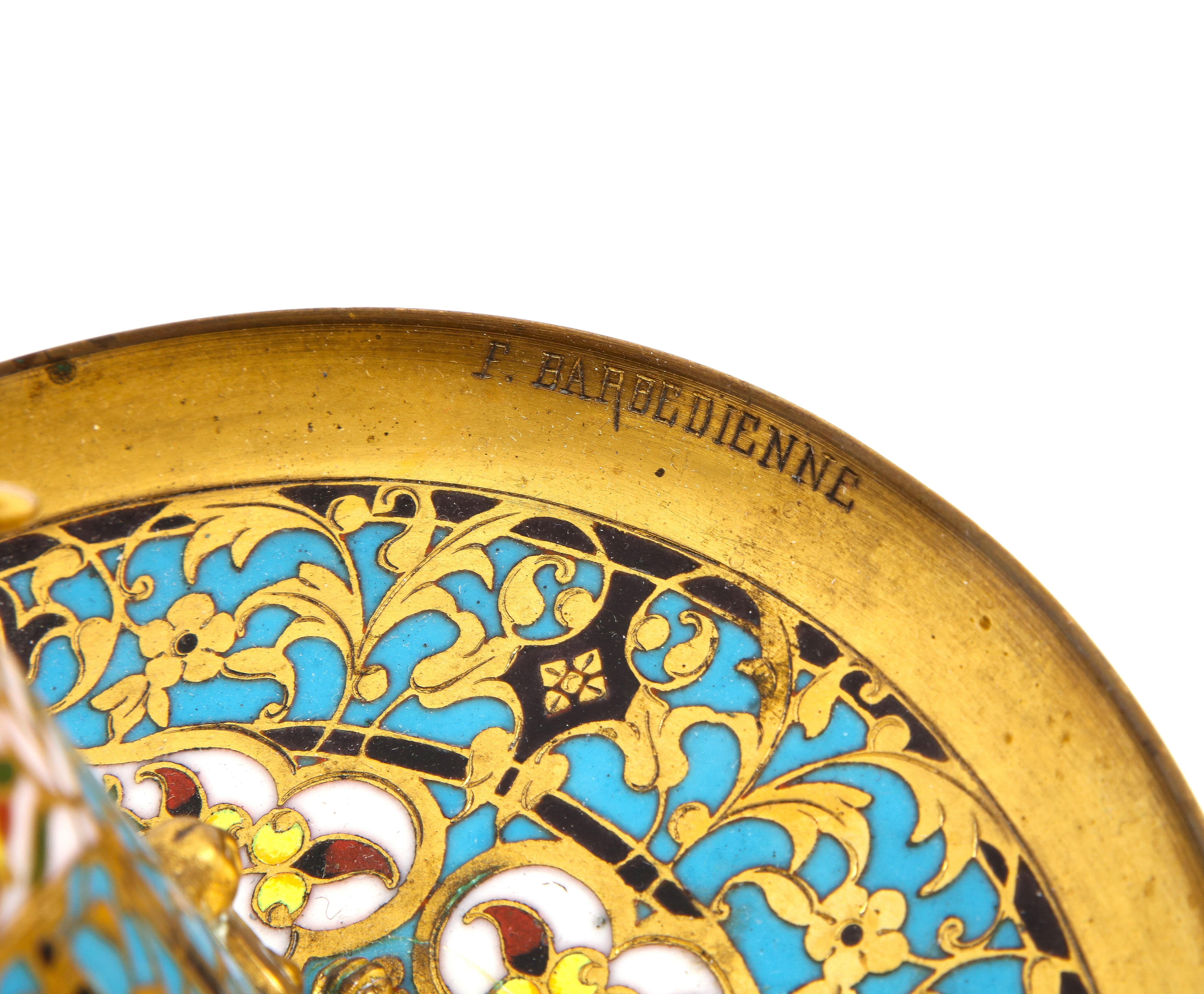 19th C. French Islamic Champleve Enamel Vase and Underplate, Signed Barbedienne For Sale 5