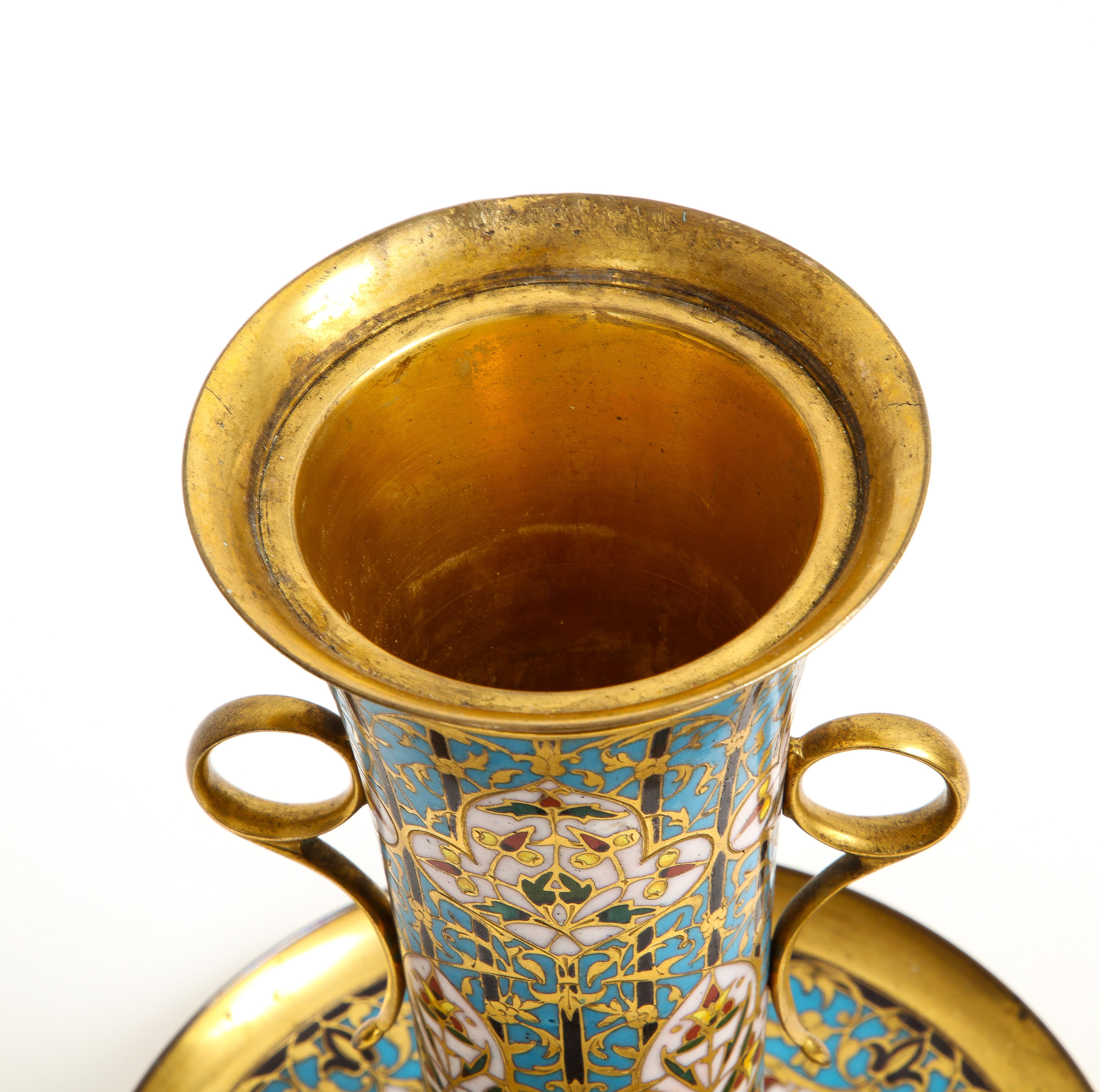 19th C. French Islamic Champleve Enamel Vase and Underplate, Signed Barbedienne For Sale 6