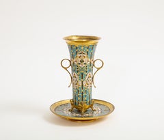 19th C. French Islamic Champleve Enamel Vase and Underplate, Signed Barbedienne
