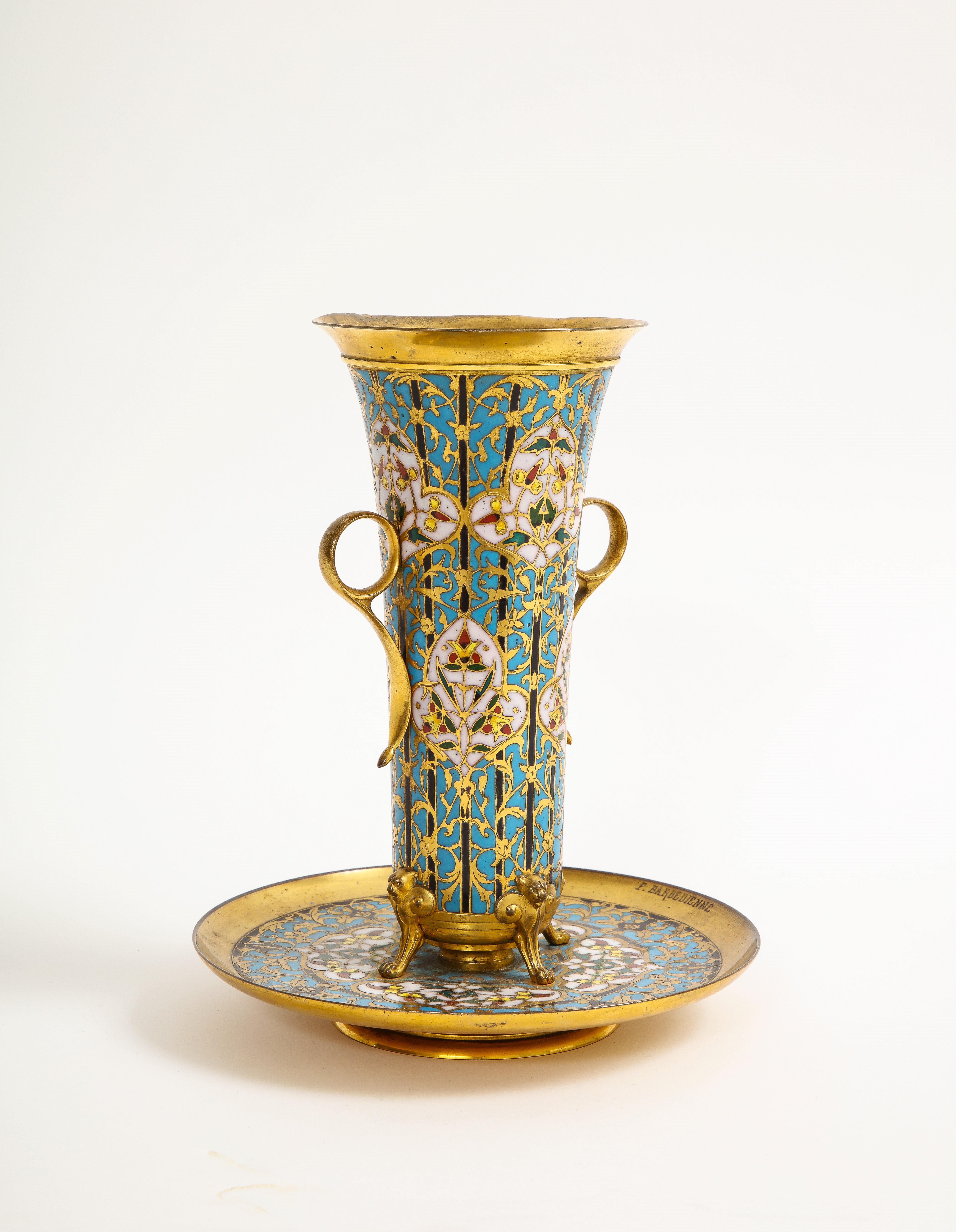 Enameled 19th C. French Islamic Champleve Enamel Vase and Underplate, Signed Barbedienne For Sale