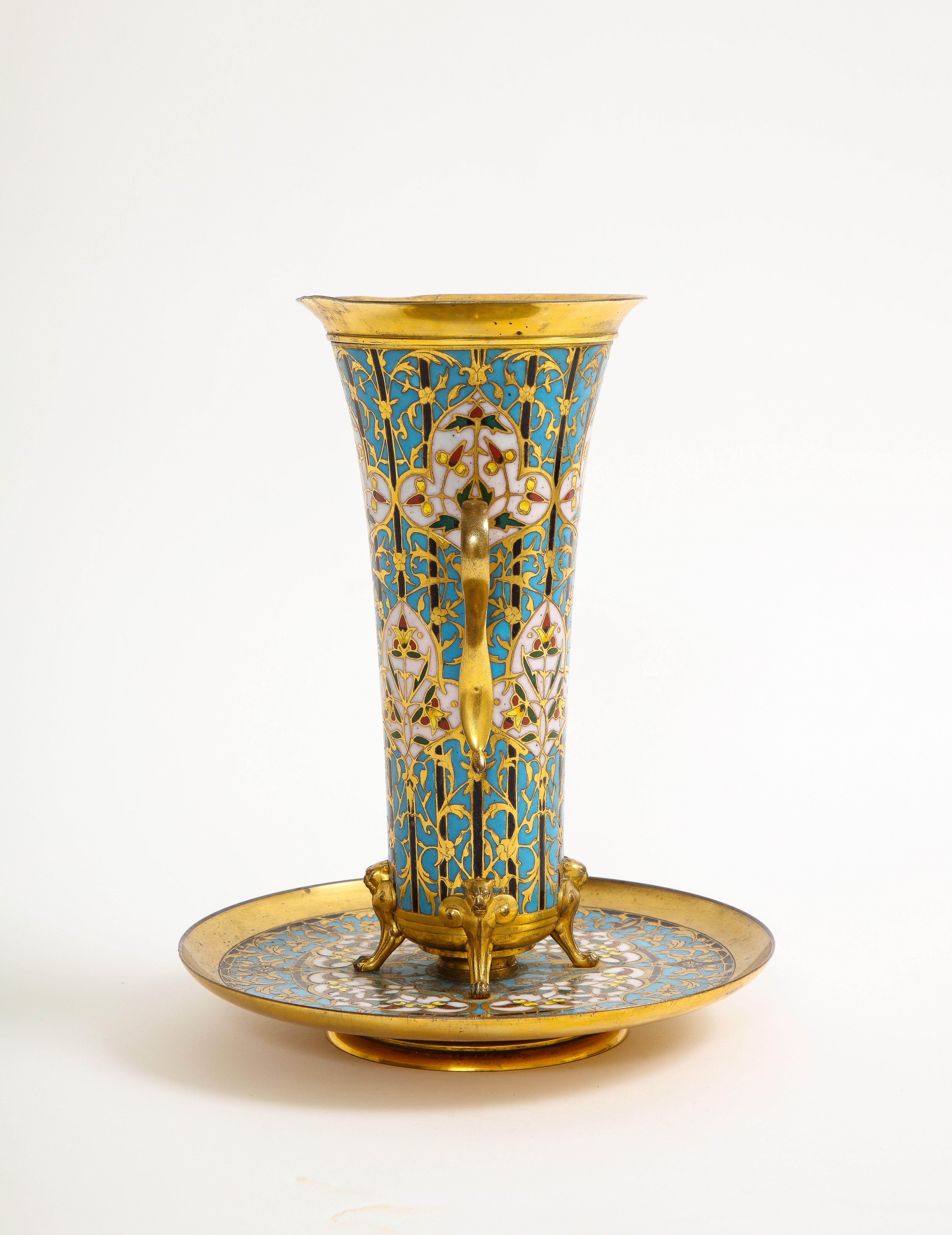 19th C. French Islamic Champleve Enamel Vase and Underplate, Signed Barbedienne In Good Condition For Sale In New York, NY