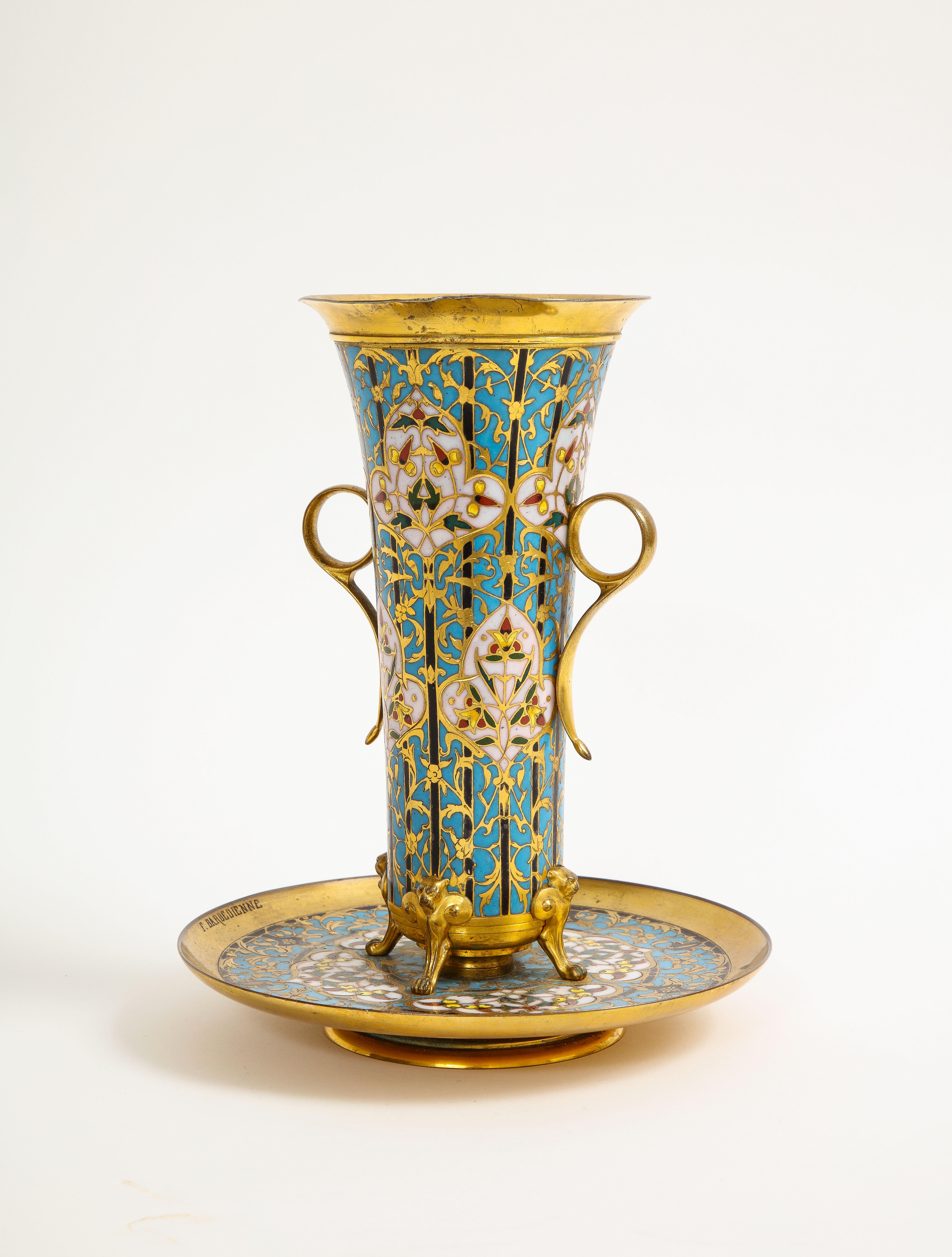 Mid-19th Century 19th C. French Islamic Champleve Enamel Vase and Underplate, Signed Barbedienne For Sale