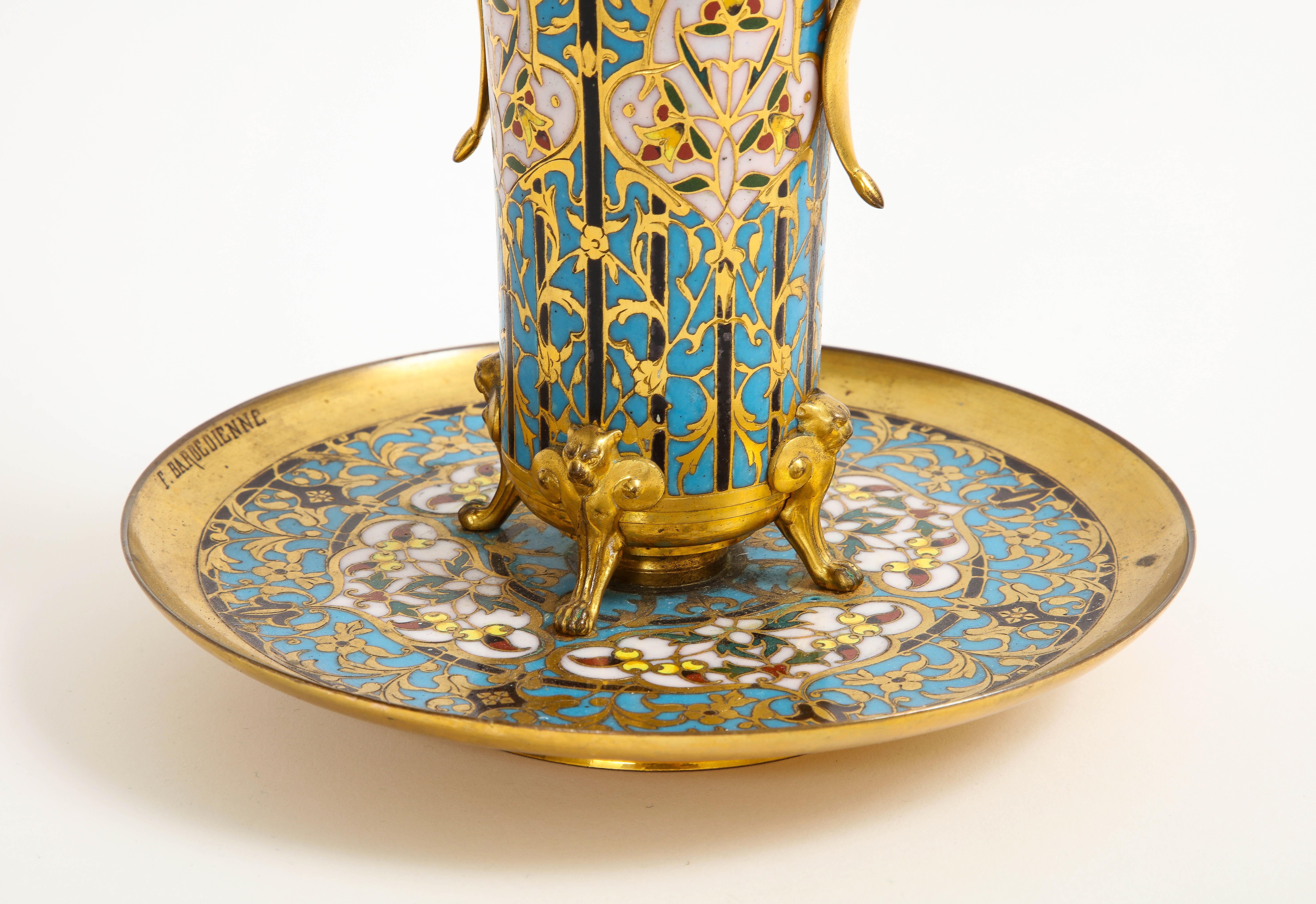 Bronze 19th C. French Islamic Champleve Enamel Vase and Underplate, Signed Barbedienne For Sale