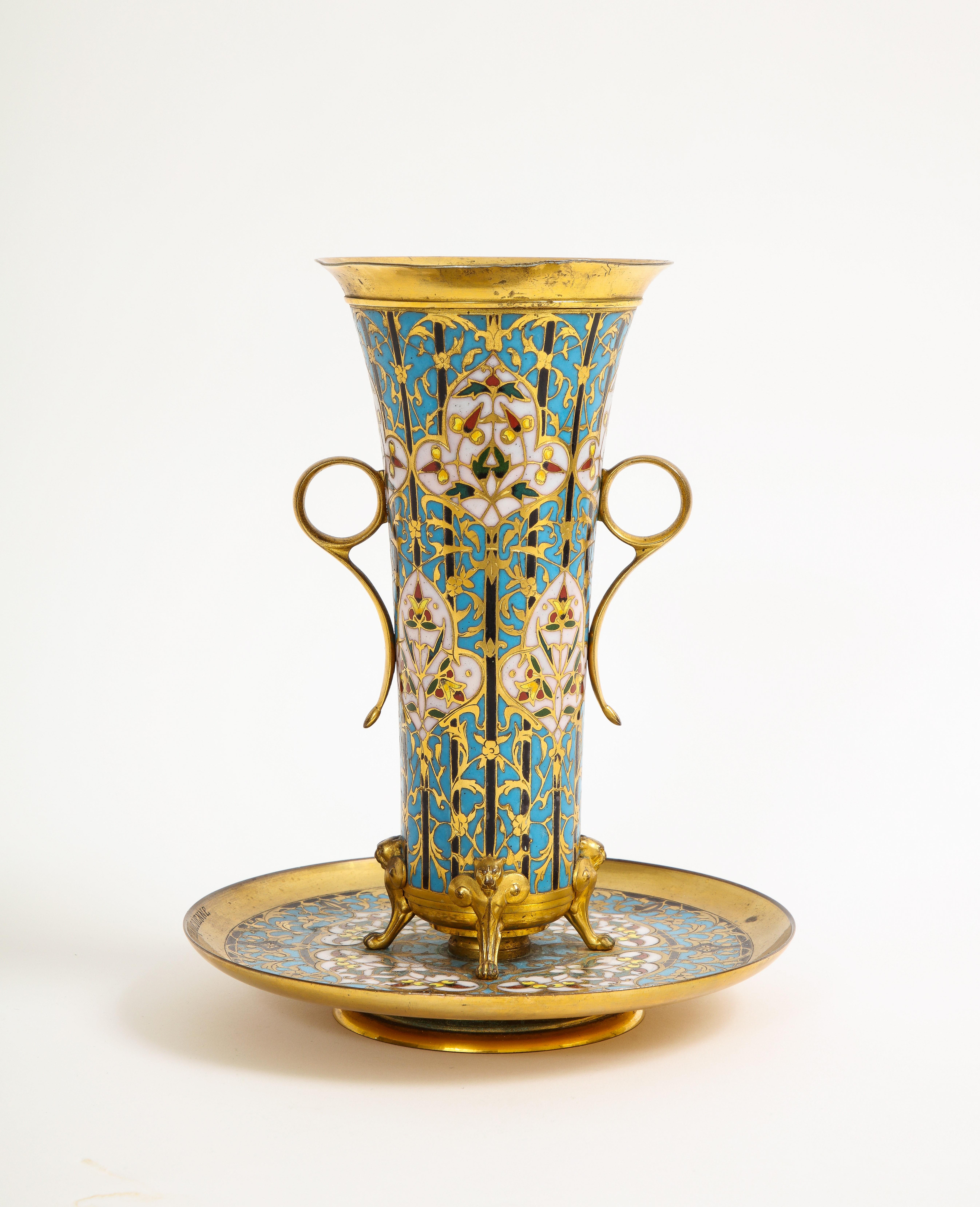 19th C. French Islamic Champleve Enamel Vase and Underplate, Signed Barbedienne For Sale 1