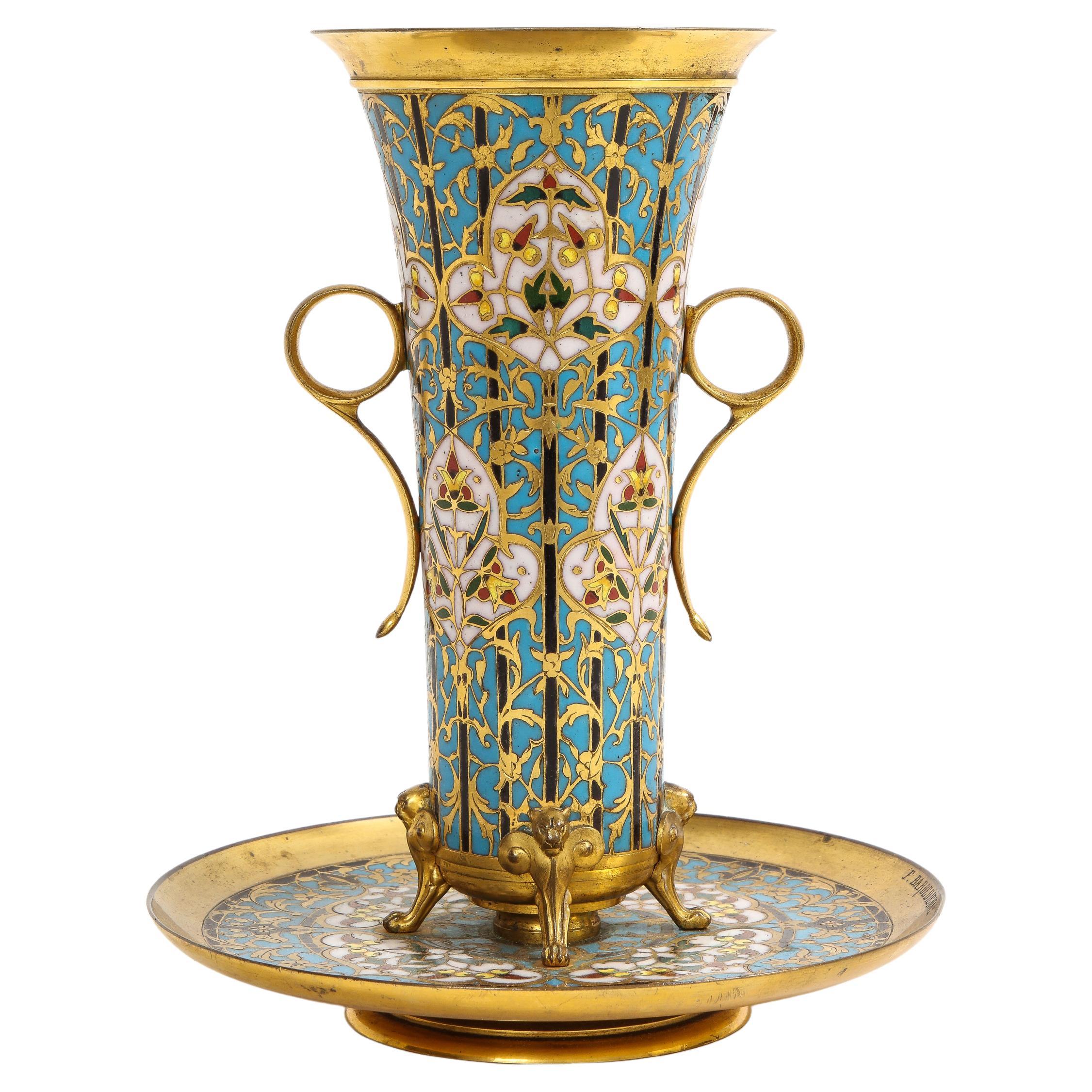 19th C. French Islamic Champleve Enamel Vase and Underplate, Signed Barbedienne