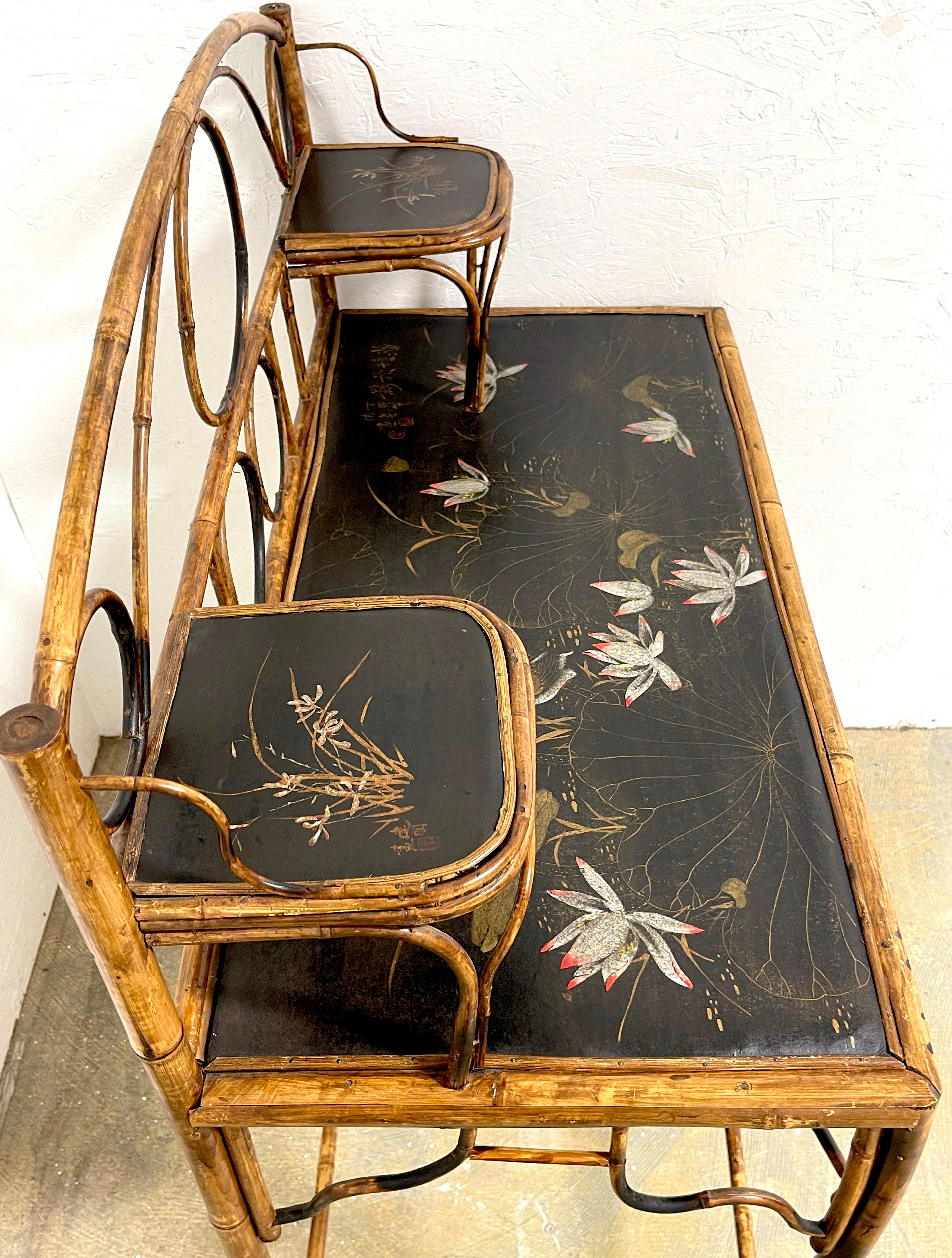 19th Century French Japonisme Bamboo Lacquered Desk/ Console Table, Signed 7