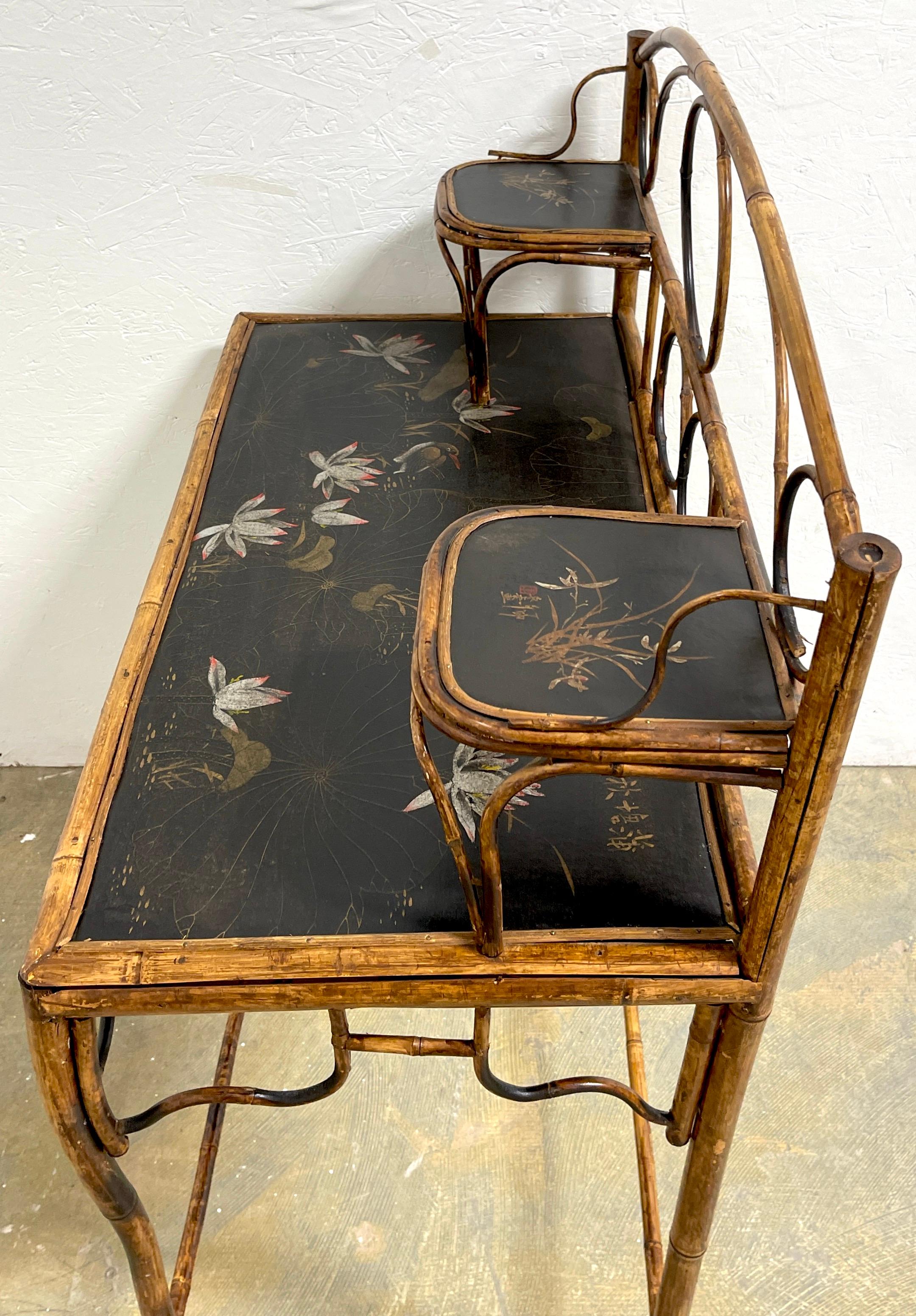 19th Century French Japonisme Bamboo Lacquered Desk/ Console Table, Signed 9