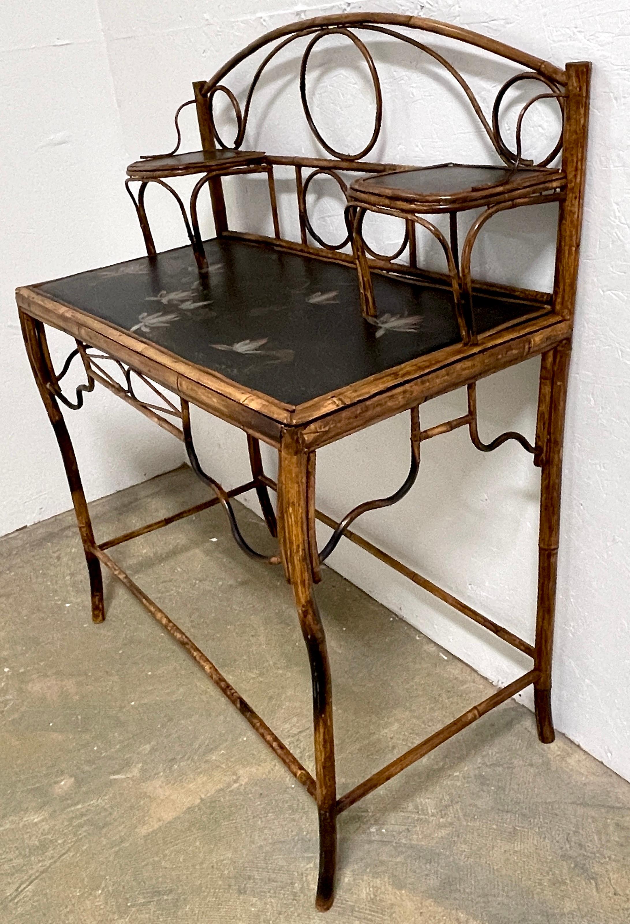 19th Century French Japonisme Bamboo Lacquered Desk/ Console Table, Signed 4