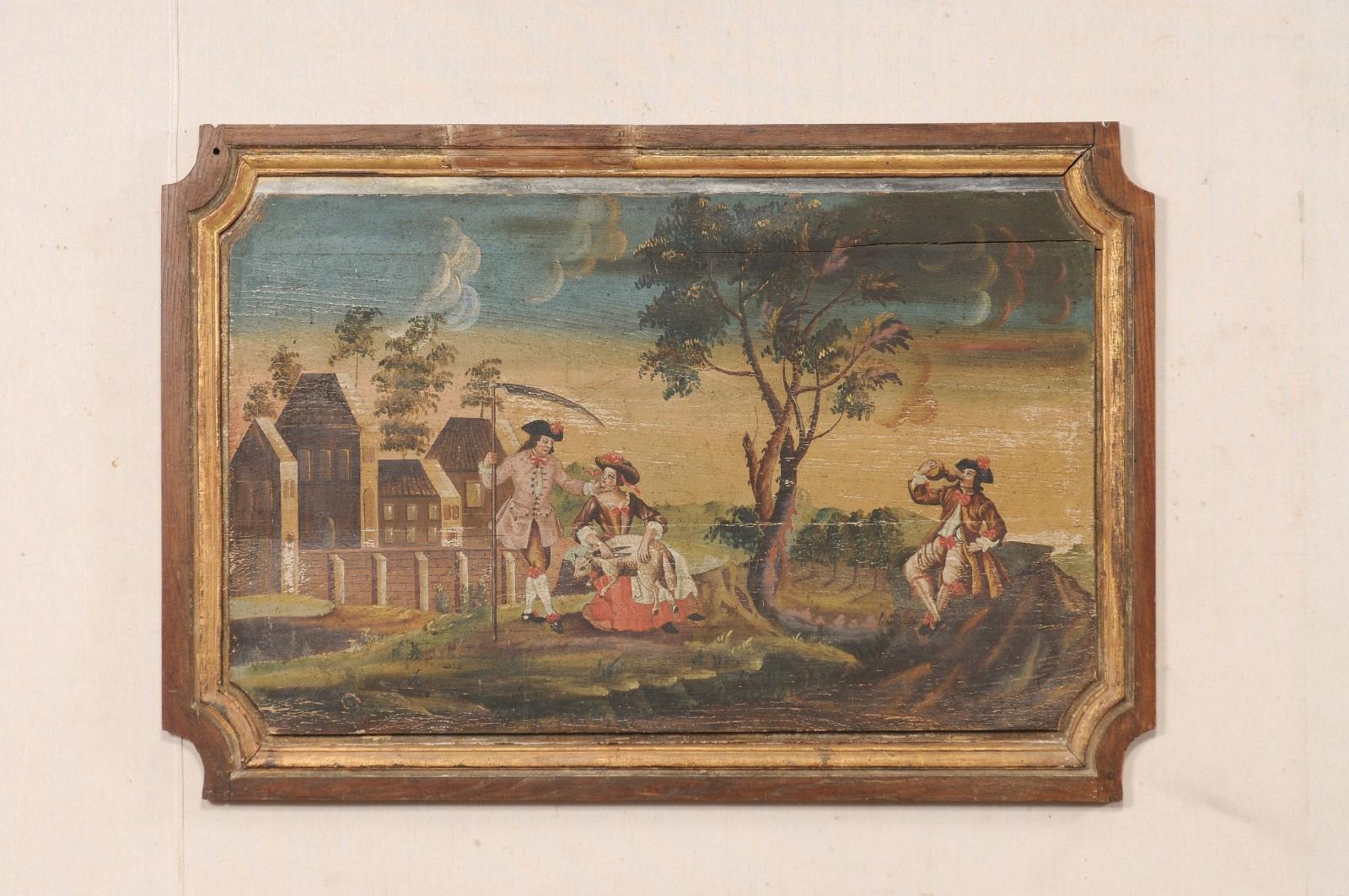 A large French landscape painted wooden wall panel from the 19th century, artist unknown. This antique wall decoration from France has been artisan painted and depicts a lady sheep sheering with a gentleman caressing her chin, as another drinks in