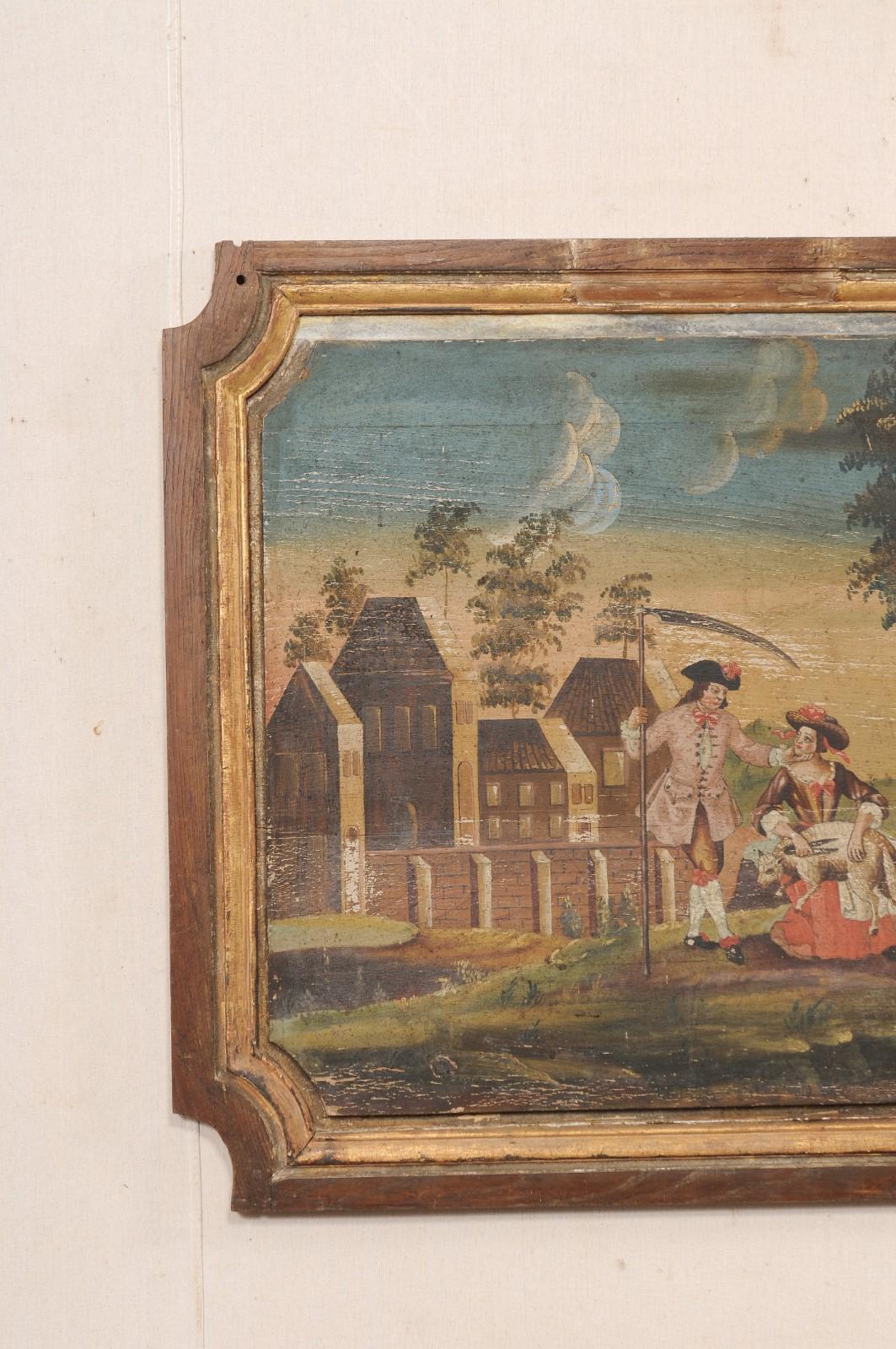 19th C. French Landscape & Figures Painting on Wooden Plaque (4+ Ft Wide) In Good Condition For Sale In Atlanta, GA