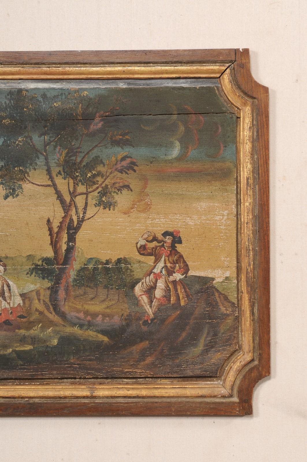 19th Century 19th C. French Landscape & Figures Painting on Wooden Plaque (4+ Ft Wide) For Sale