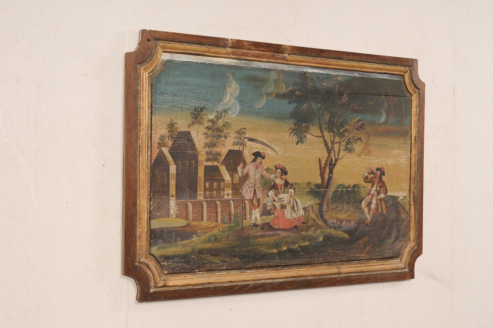 19th C. French Landscape & Figures Painting on Wooden Plaque (4+ Ft Wide) For Sale 1