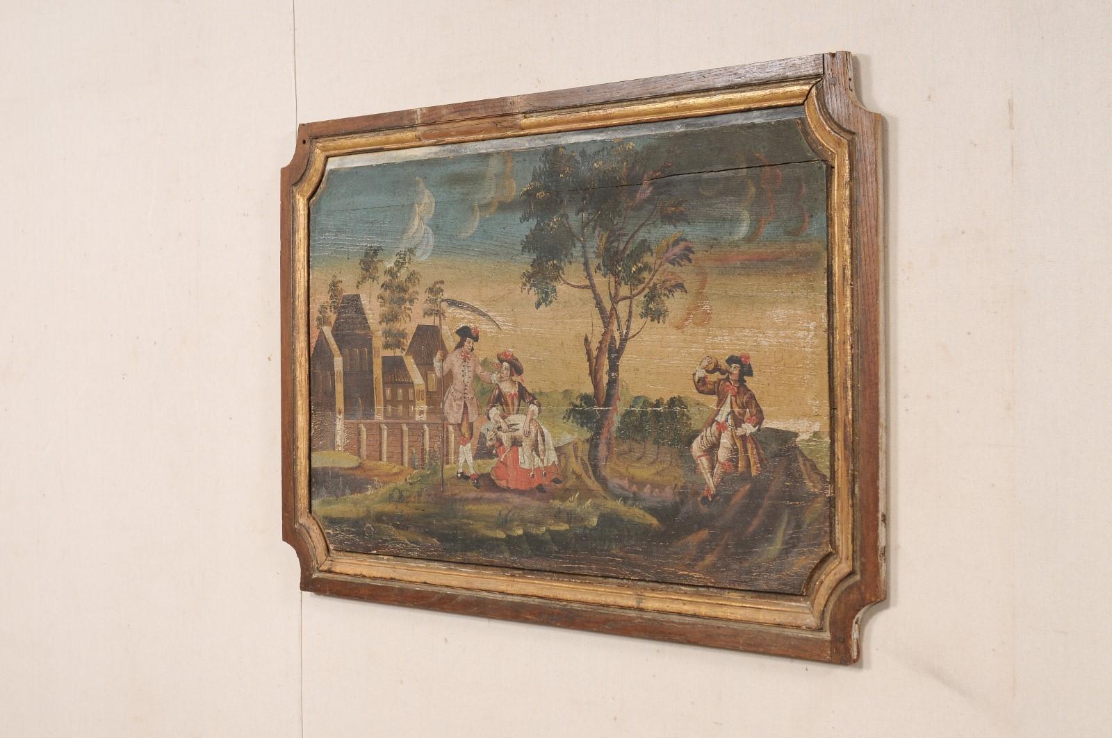 19th C. French Landscape & Figures Painting on Wooden Plaque (4+ Ft Wide) For Sale 2