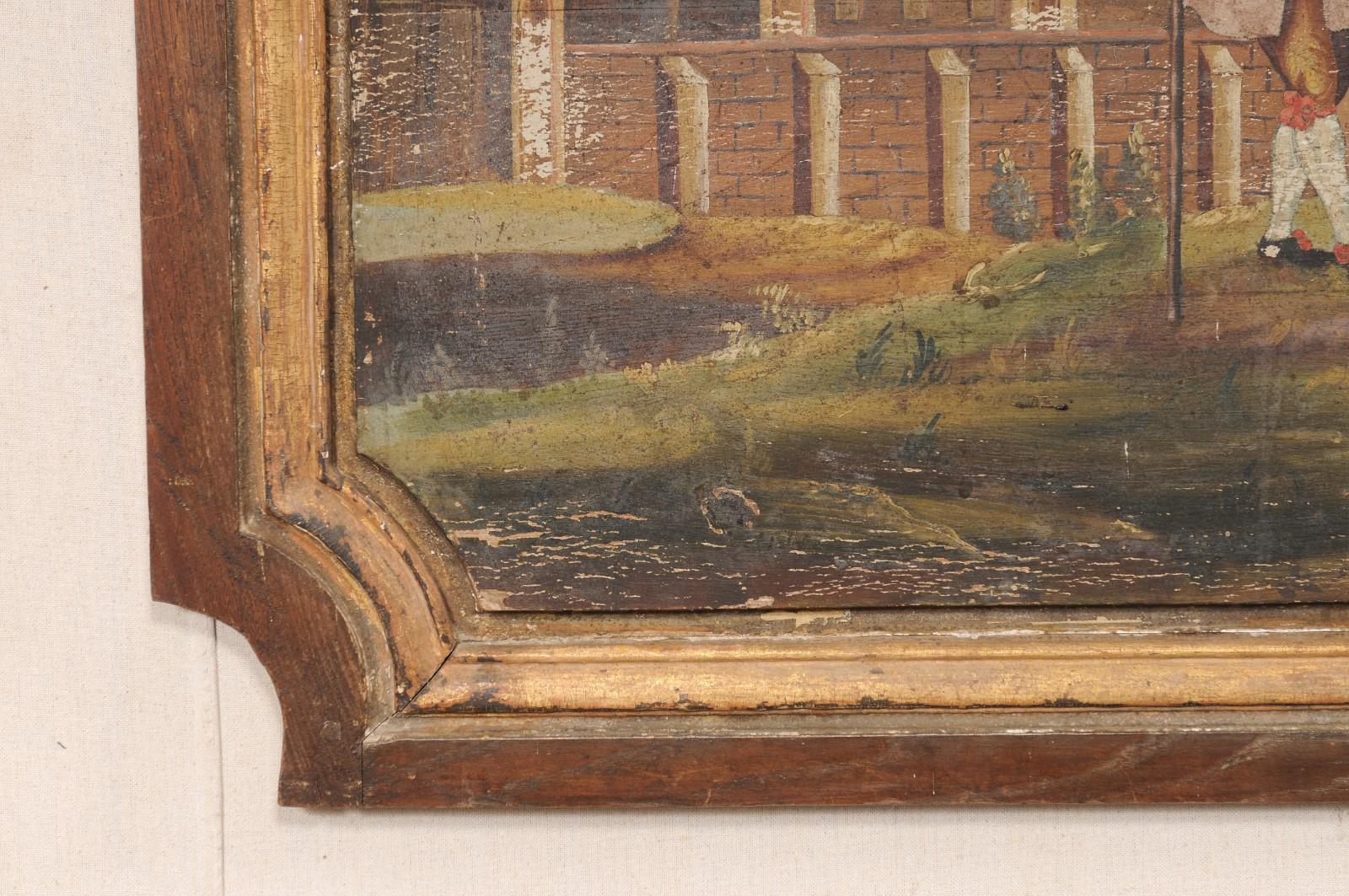19th C. French Landscape & Figures Painting on Wooden Plaque (4+ Ft Wide) For Sale 4