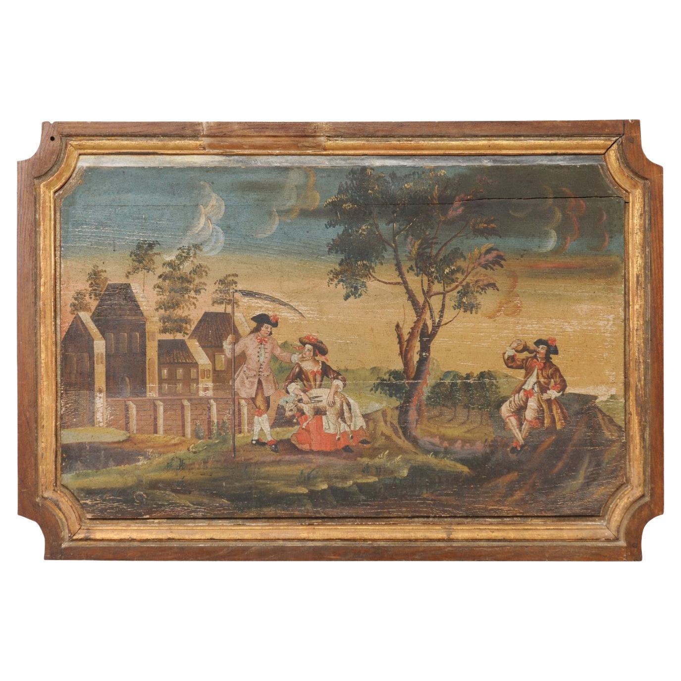 19th C. French Landscape & Figures Painting on Wooden Plaque (4+ Ft Wide) For Sale