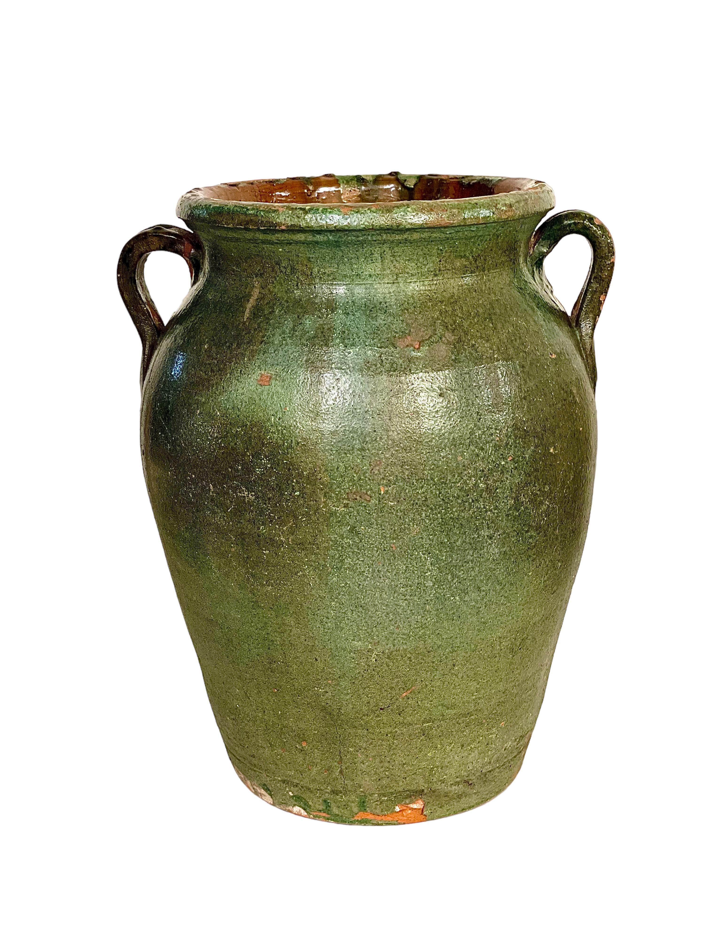 Rustic Large Green Terracotta Confit Pot, France 19th Century For Sale