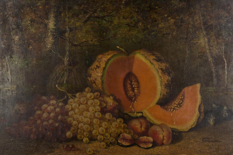 A large 19th century French still life with melons and Mediterranean fruits. Oil on a mahogany board. Signed lower right: Estournet. Heavy gilded wood and gesso frame.