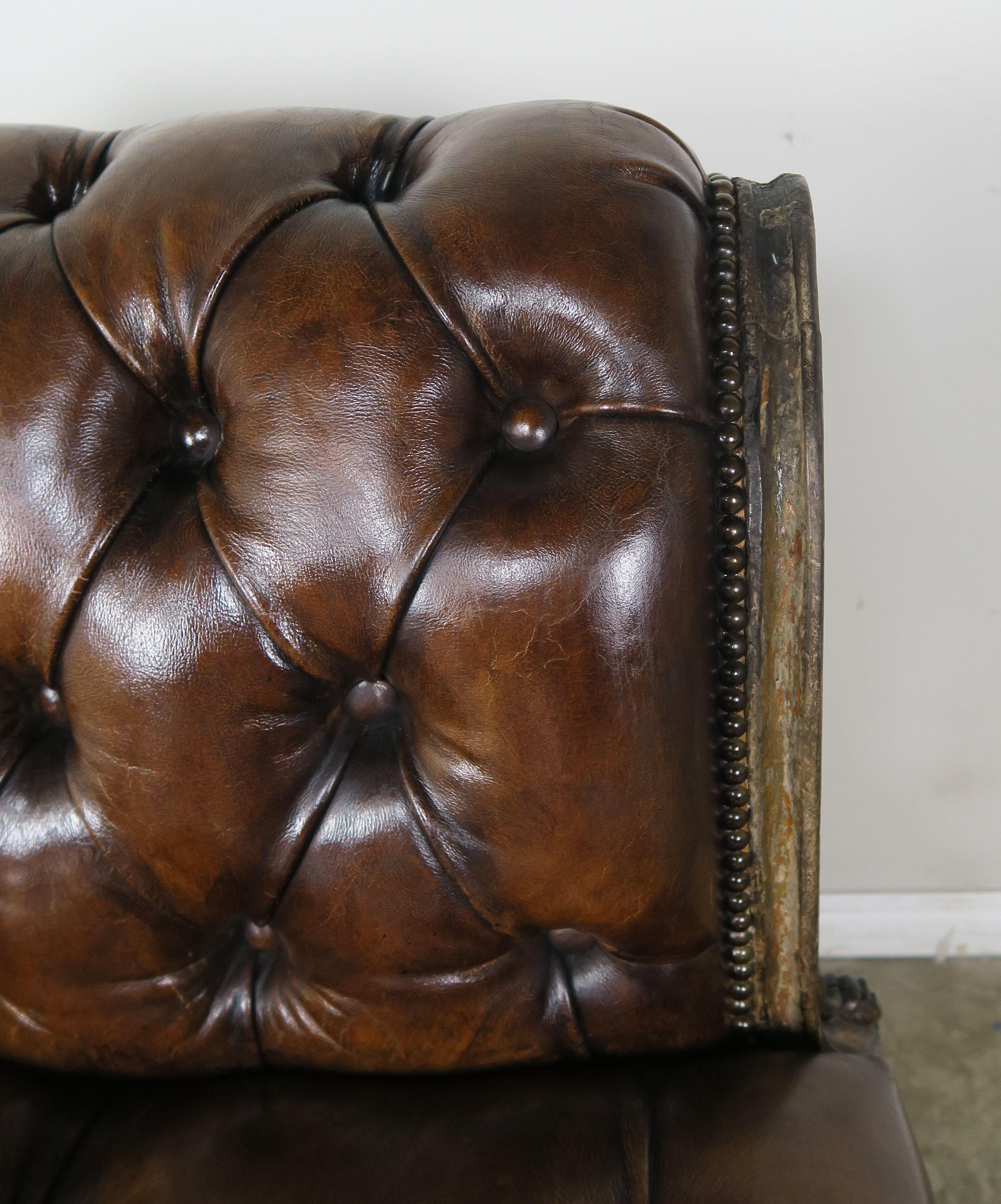 19th Century French Leather Six-Legged Tufted Bench 6