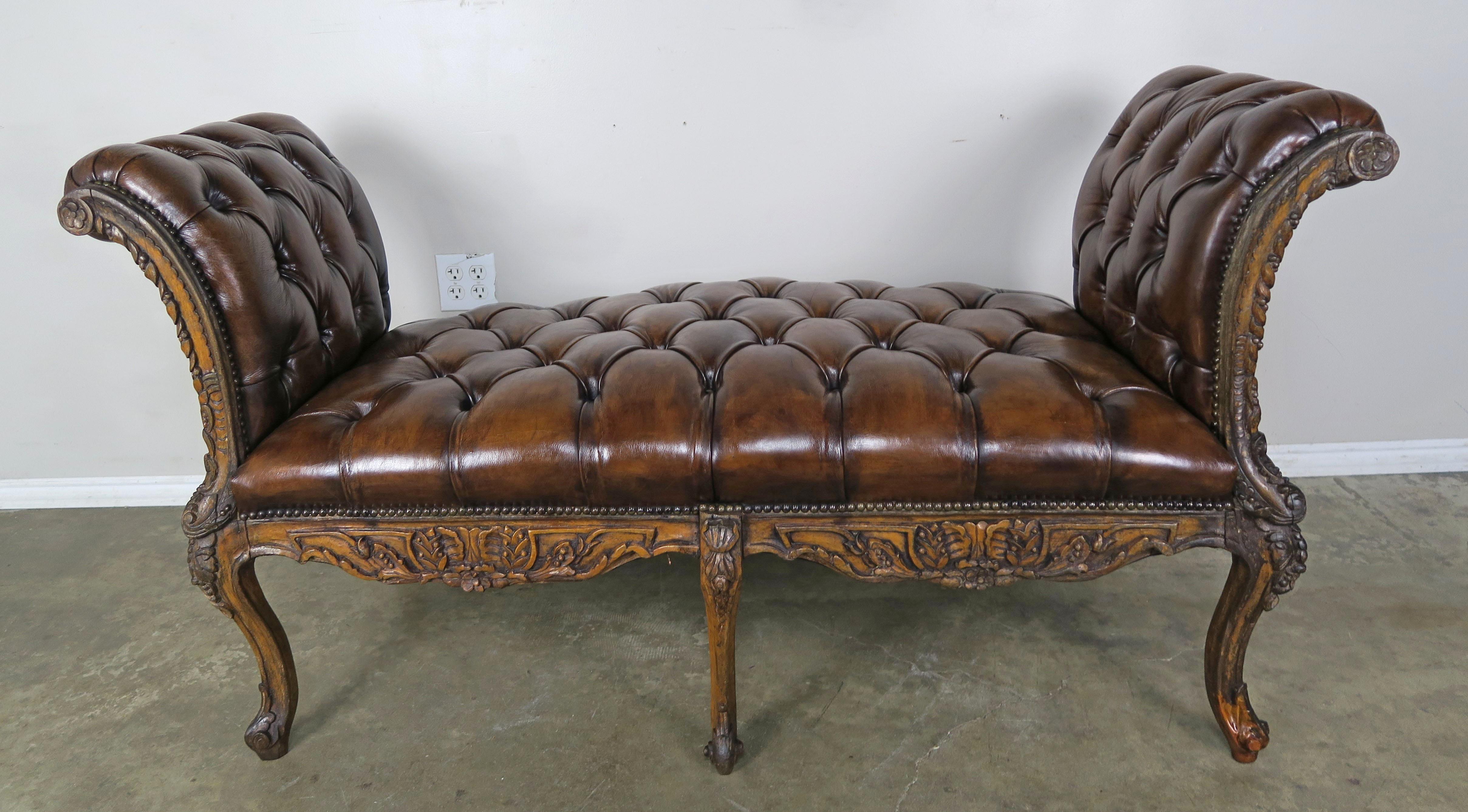 19th Century French Leather Six-Legged Tufted Bench 7
