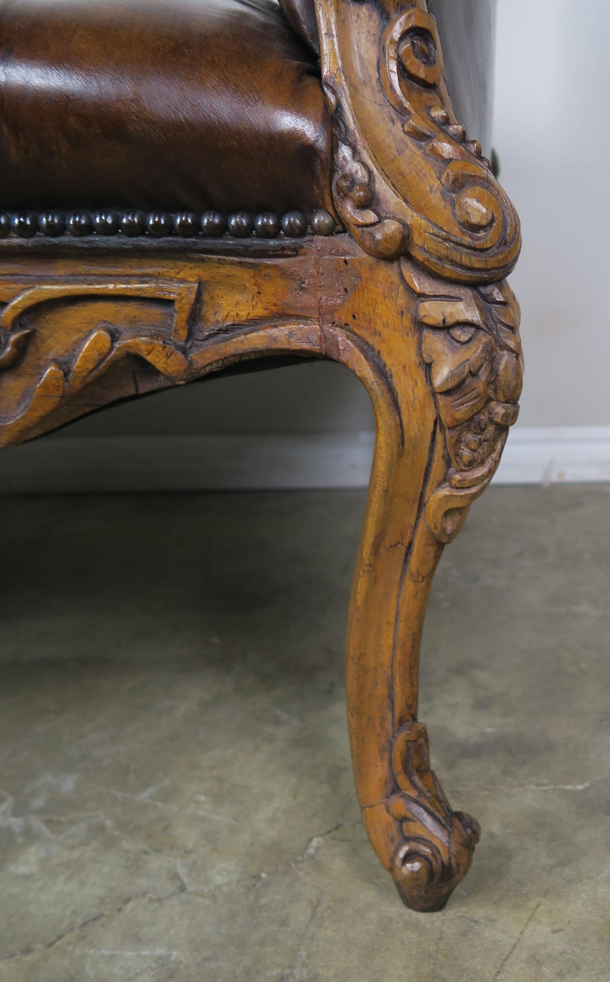 Rococo 19th Century French Leather Six-Legged Tufted Bench