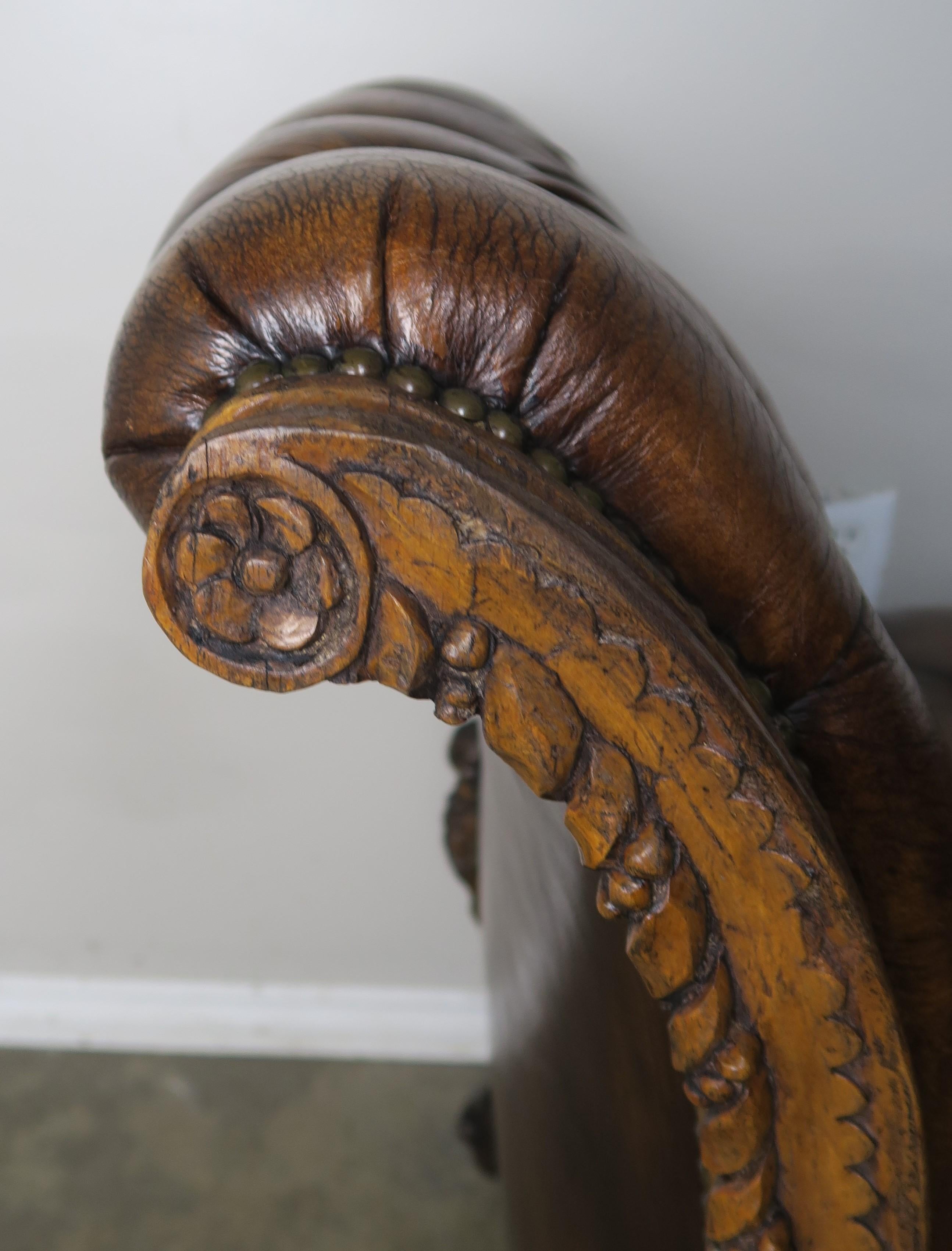 19th Century French Leather Six-Legged Tufted Bench In Distressed Condition In Los Angeles, CA