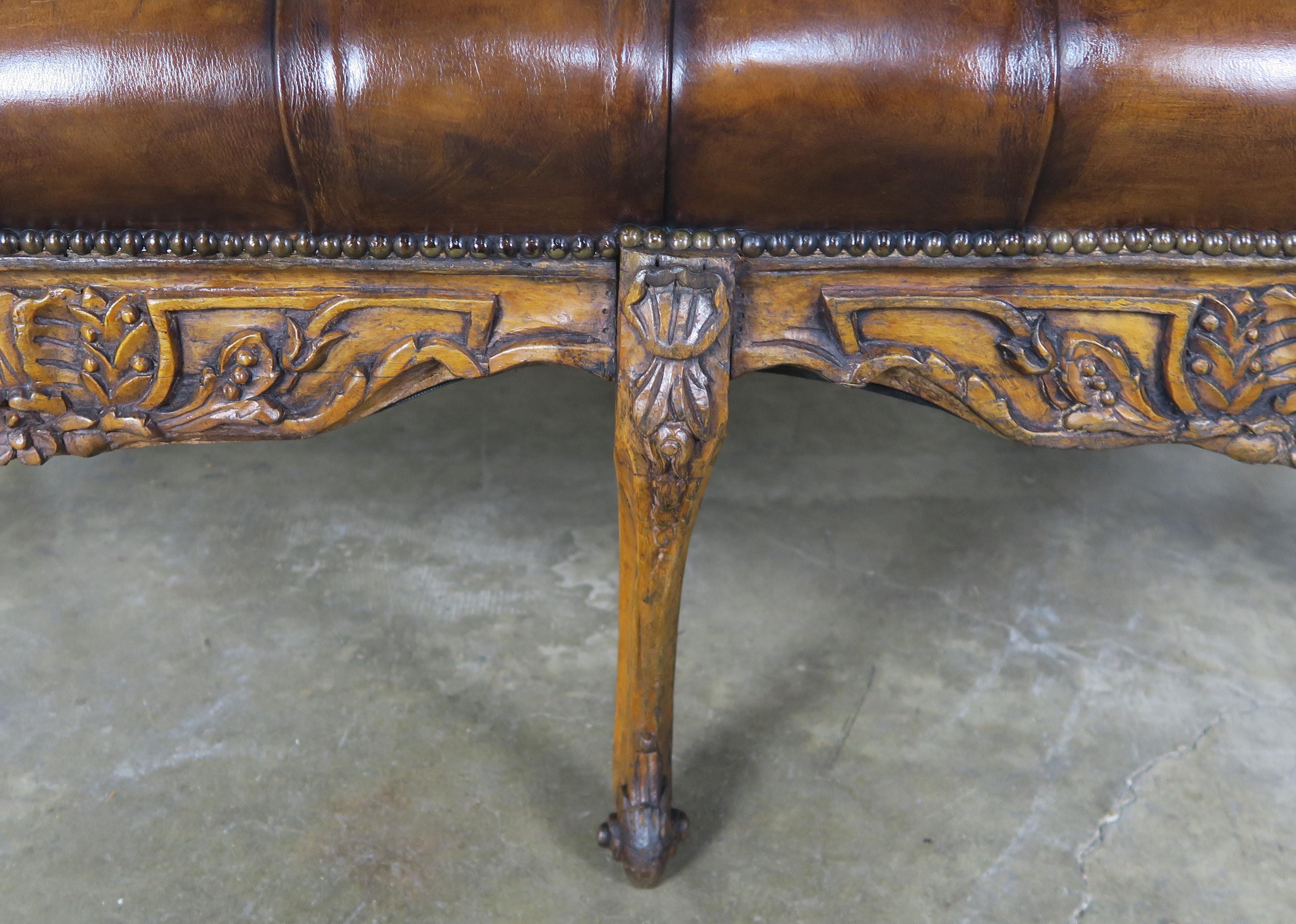 Brass 19th Century French Leather Six-Legged Tufted Bench