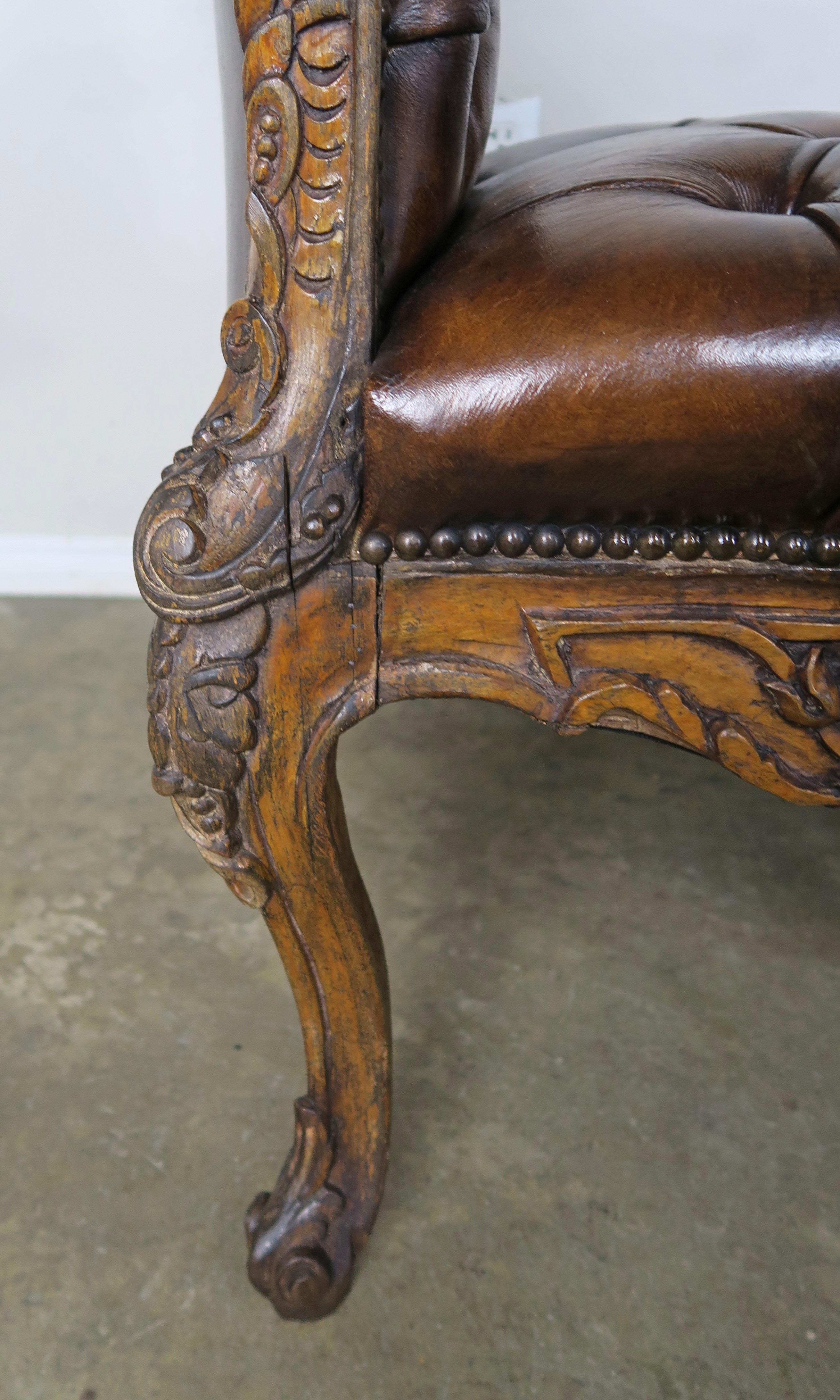 19th Century French Leather Six-Legged Tufted Bench 1