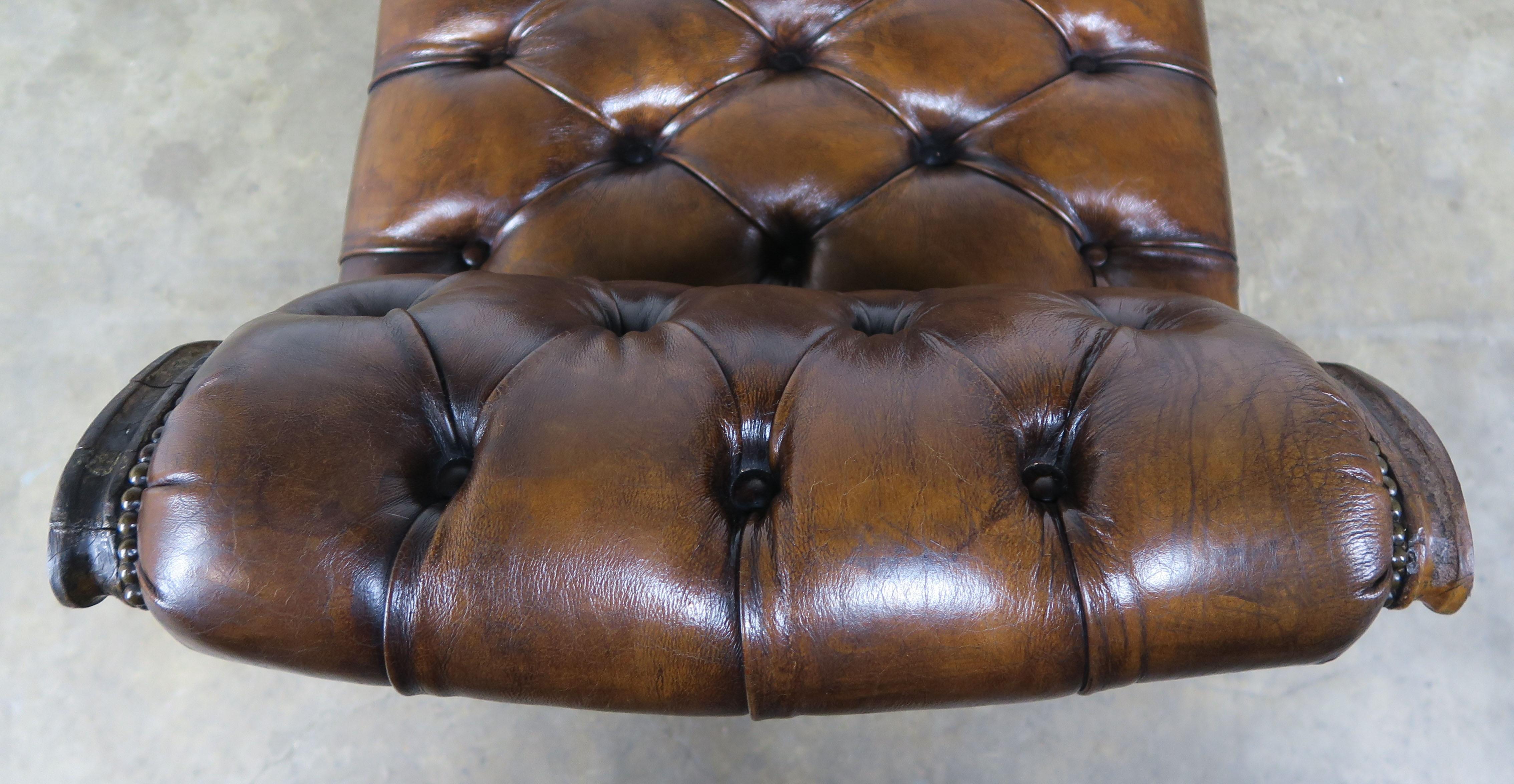 19th Century French Leather Six-Legged Tufted Bench 2