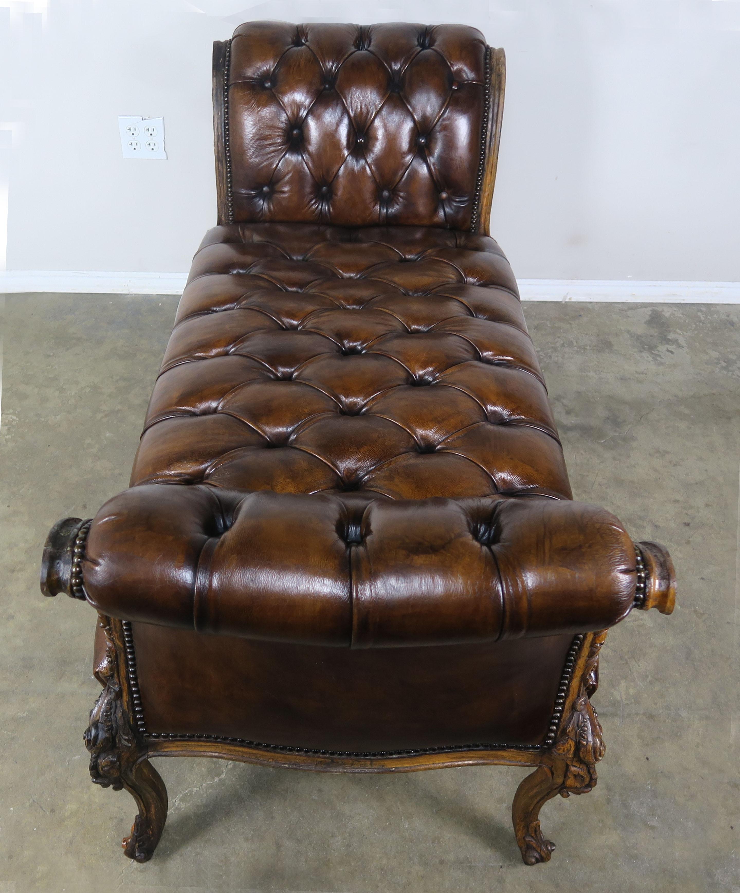 19th Century French Leather Six-Legged Tufted Bench 3