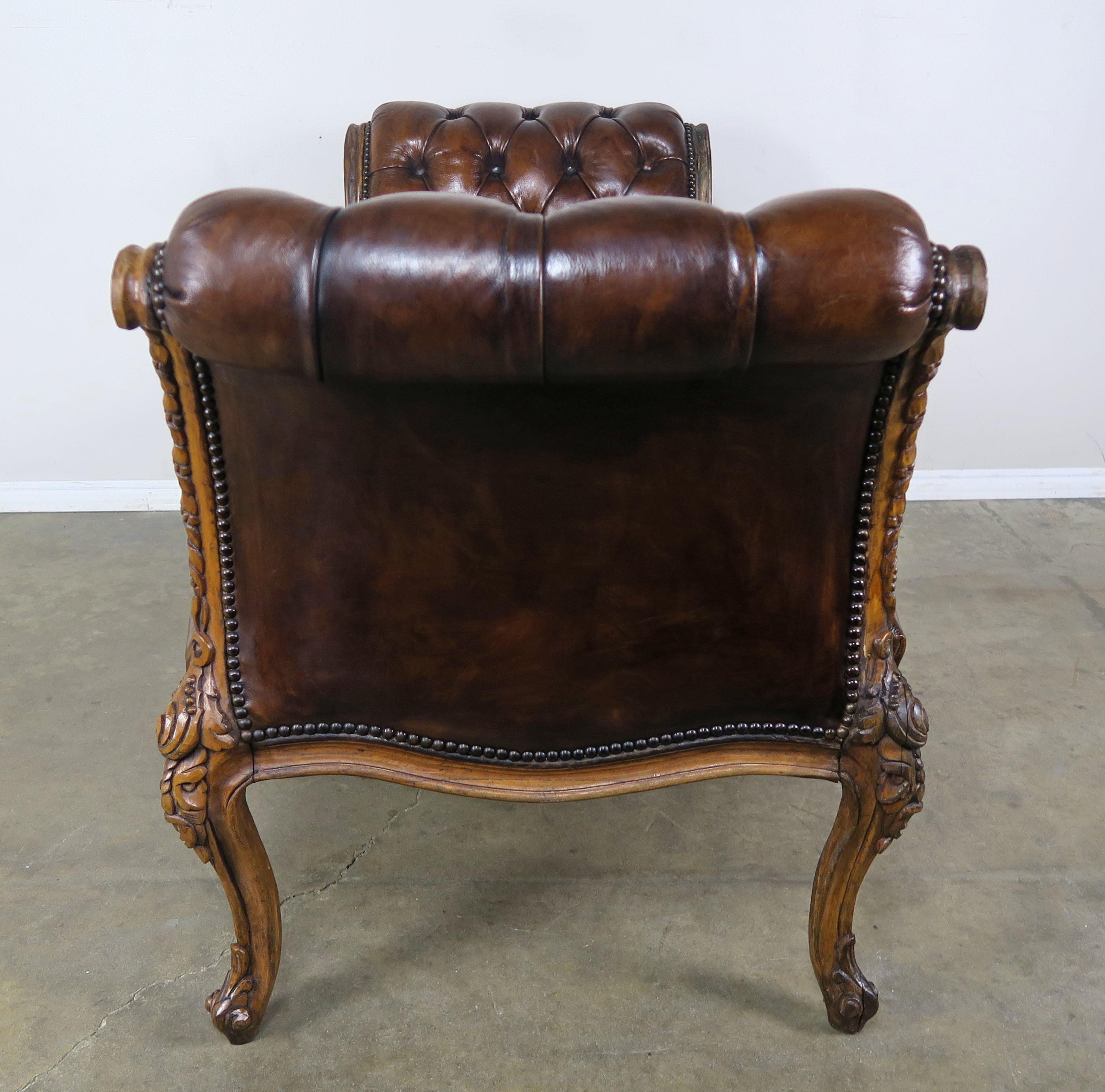 19th Century French Leather Six-Legged Tufted Bench 4