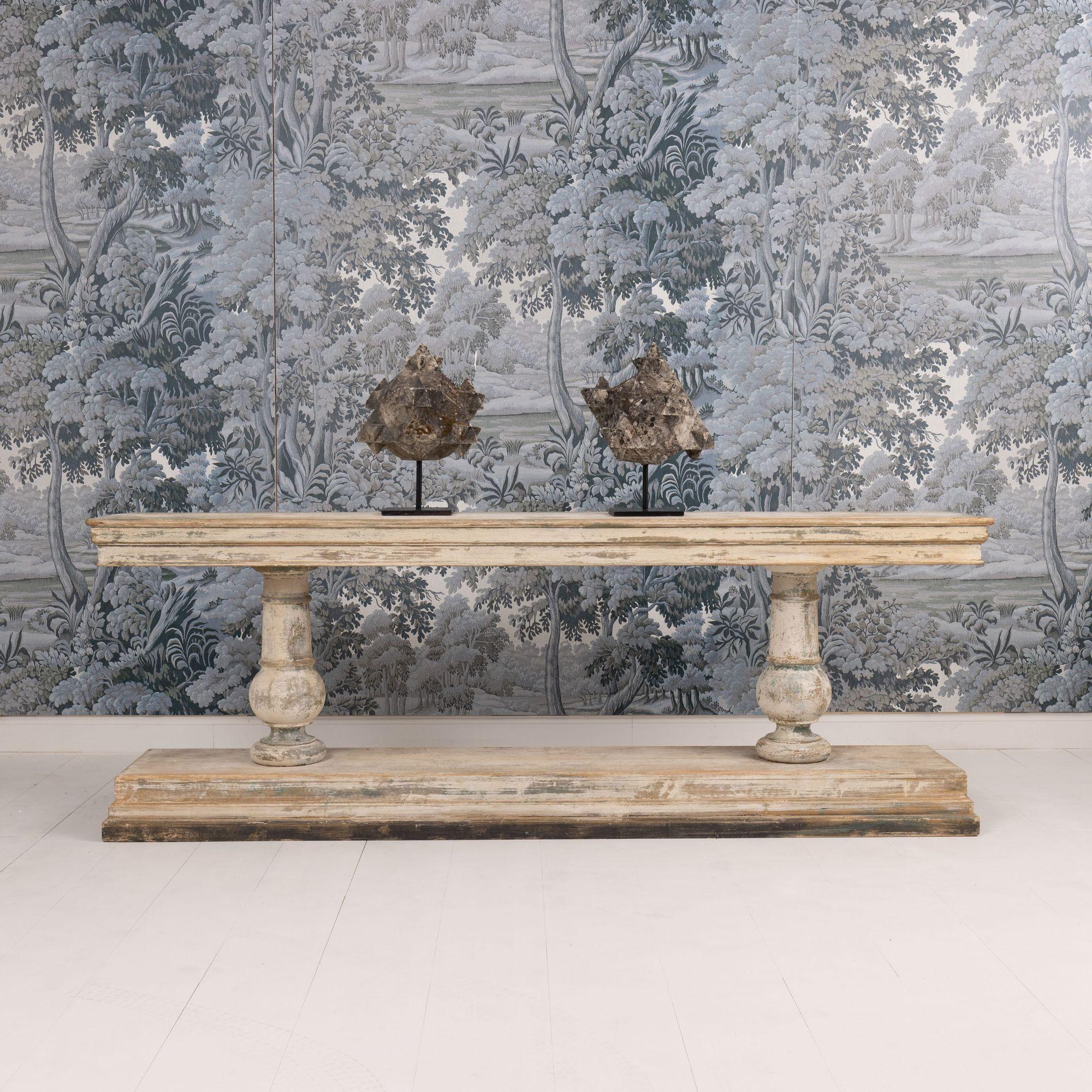 A beautiful, long French draper's table or console table in original paint with pot board in original paint.   Finished on all four sides. 