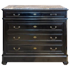 19th C French Louis Philippe Black Painted Chest with Marble Top, circa 1870