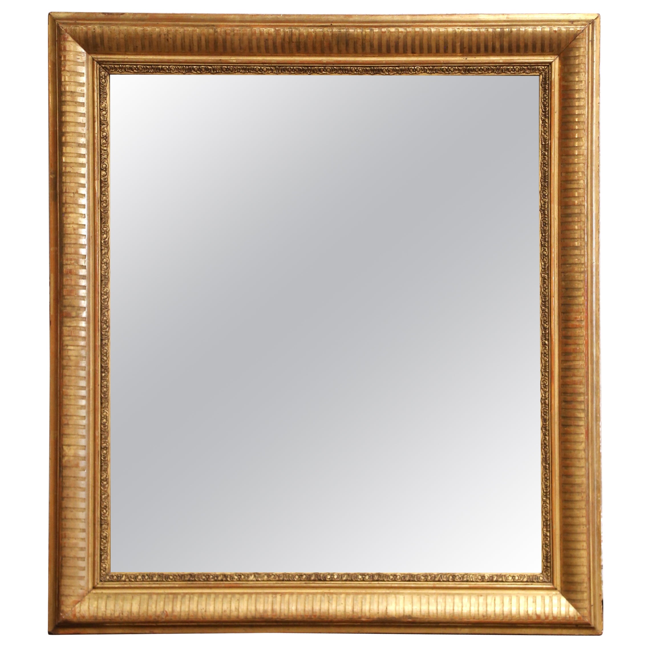 19th C. French Louis Philippe Giltwood Mirror with Stripe Motif and Beaded Trim